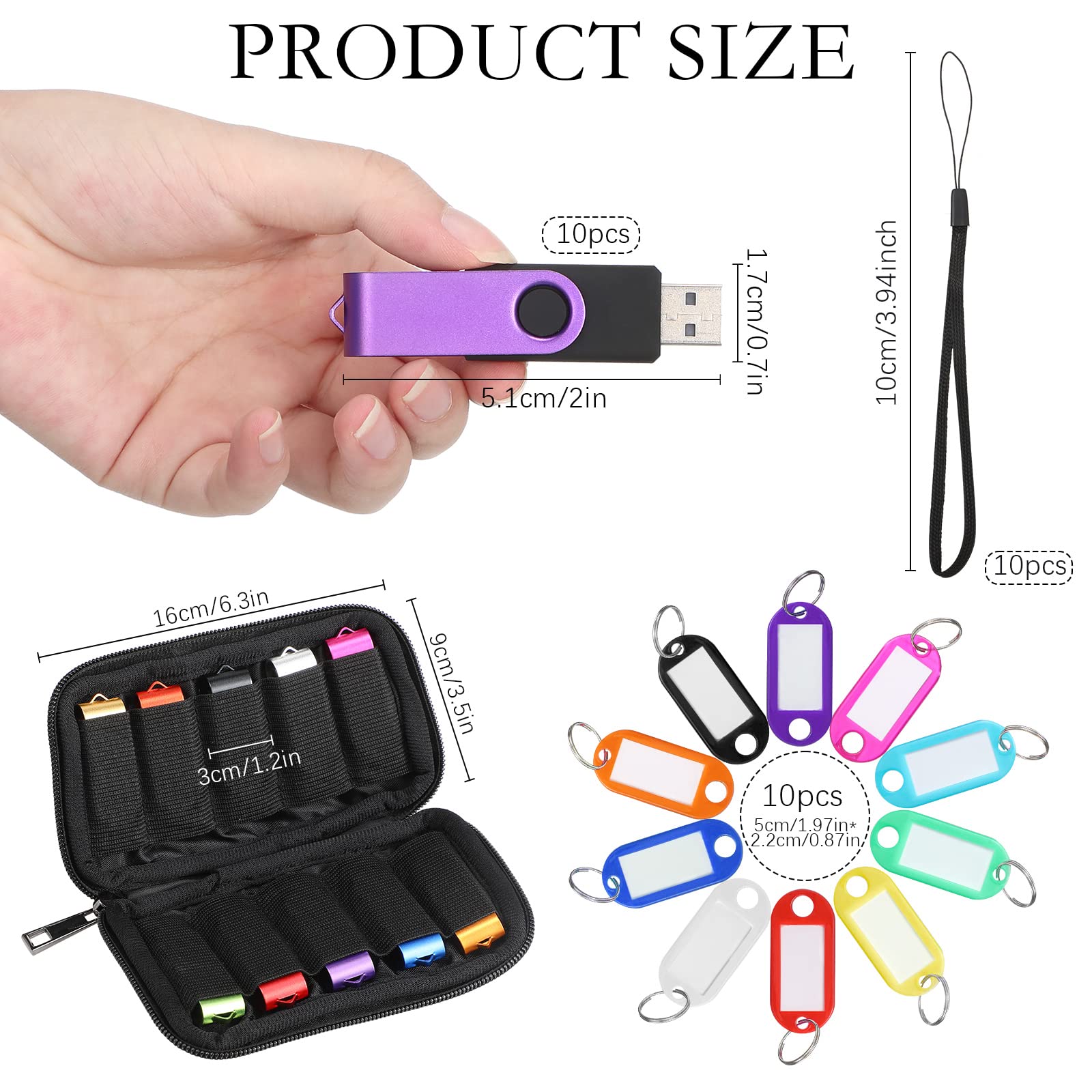 10-Pack 32GB USB 2.0 Flash Drives with Lanyards - Portable Keychain Memory for Data Storage & Office Use