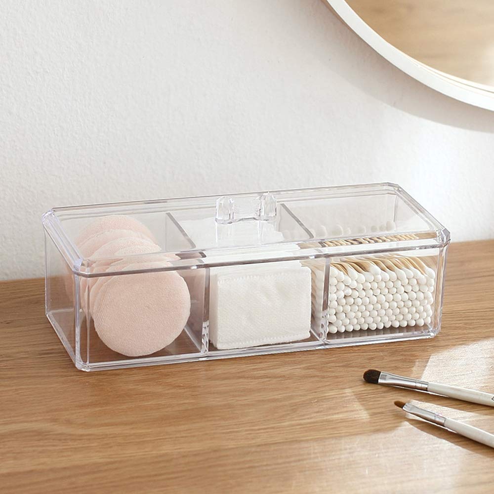 Acrylic Cotton Ball & Swab Organizer - 3 Compartment Dustproof Container for Makeup & Cosmetics - Bathroom & Vanity Storage