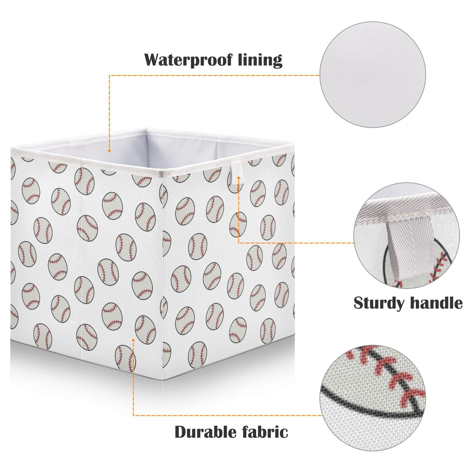 Doodle Baseball Storage Basket - Collapsible Fabric Cube Organizer for Home, Office, Kids Room & Playroom - Foldable Square Storage Bin for Toys, Books & Clothes