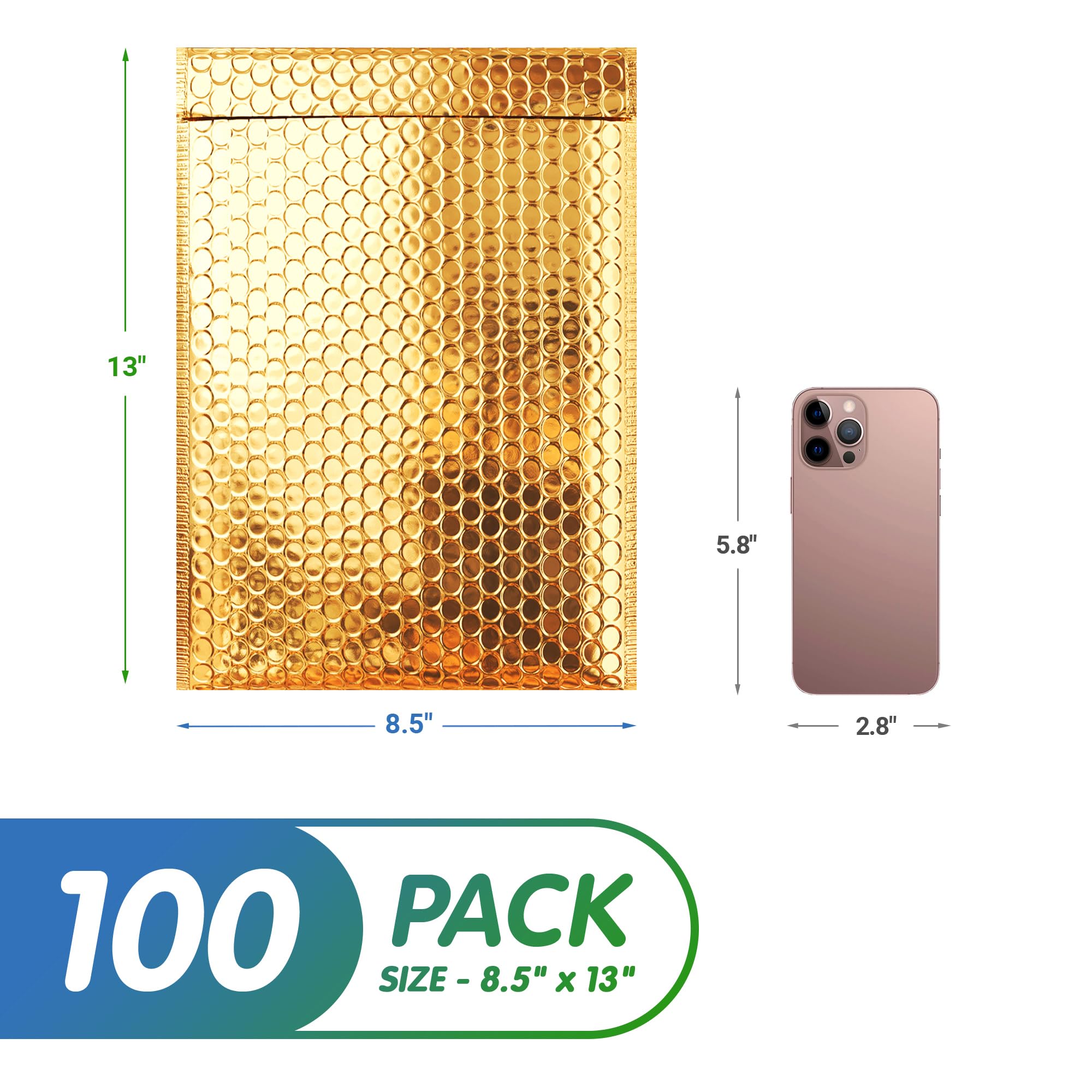 AMIFF Gold Metallic Bubble Mailers 8.5x13 Inches - Pack of 100 Opaque Self-Seal Foil Shipping Envelopes | Waterproof Poly Mailers for Small Business | Perfect for Ecommerce Shipping, Jewelry Packaging & Gift Wrapping