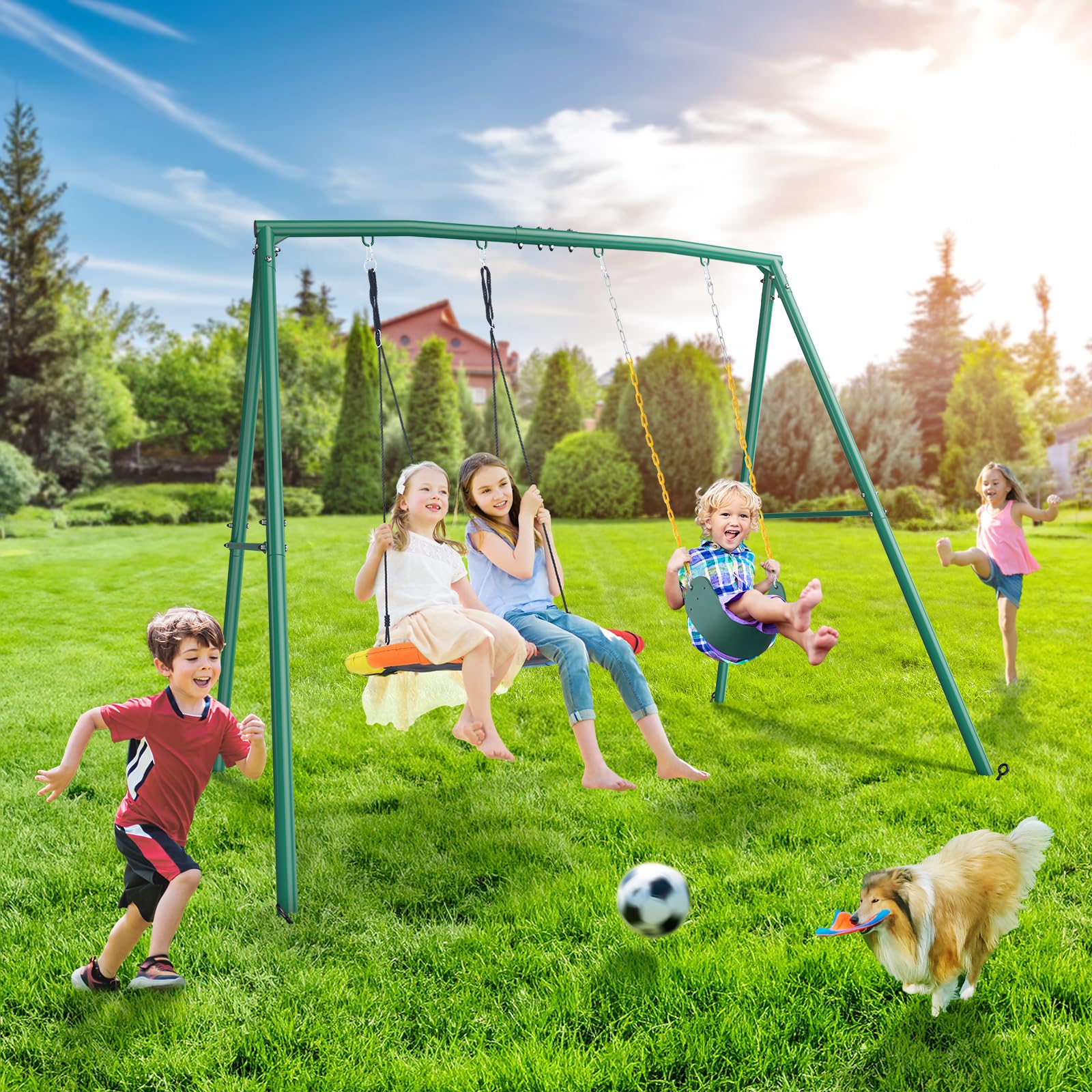 Trekassy 440lbs Capacity 2-Seat Outdoor Swing Set with Saucer Swing & Belt Swing - Heavy Duty A-Frame Metal Stand for Backyard, Playground, and Kids Playset | Perfect for Family Fun, Outdoor Recreation, and Children's Playtime Activities