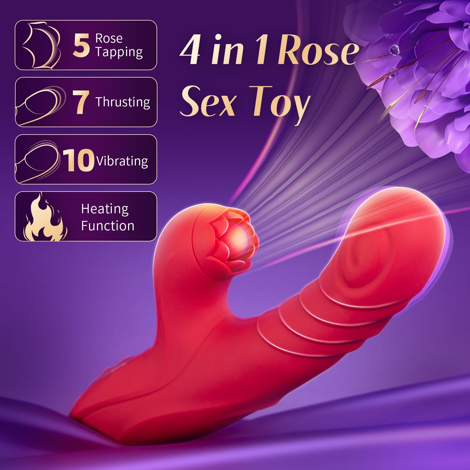 Premium 4-in-1 Thrusting Dildo with Heating Function - 7 Thrusting, 5 Tapping & 10 Vibrating Modes for G-Spot & Clitoral Stimulation | Rose-Shaped Adult Sex Toy for Women | Perfect for Solo Play, Couples & Spicing Up Your Intimate Moments
