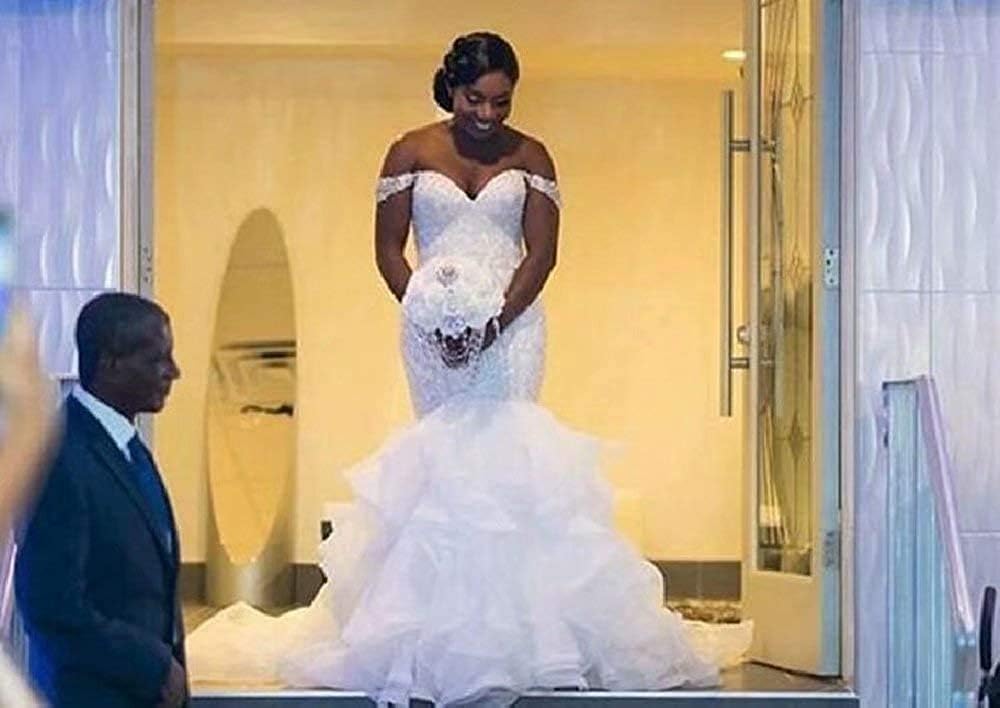 Elegant Off-The-Shoulder Mermaid Wedding Dress with Beaded Sweetheart Neckline - Perfect for Brides, Beach Weddings & Romantic Ceremonies