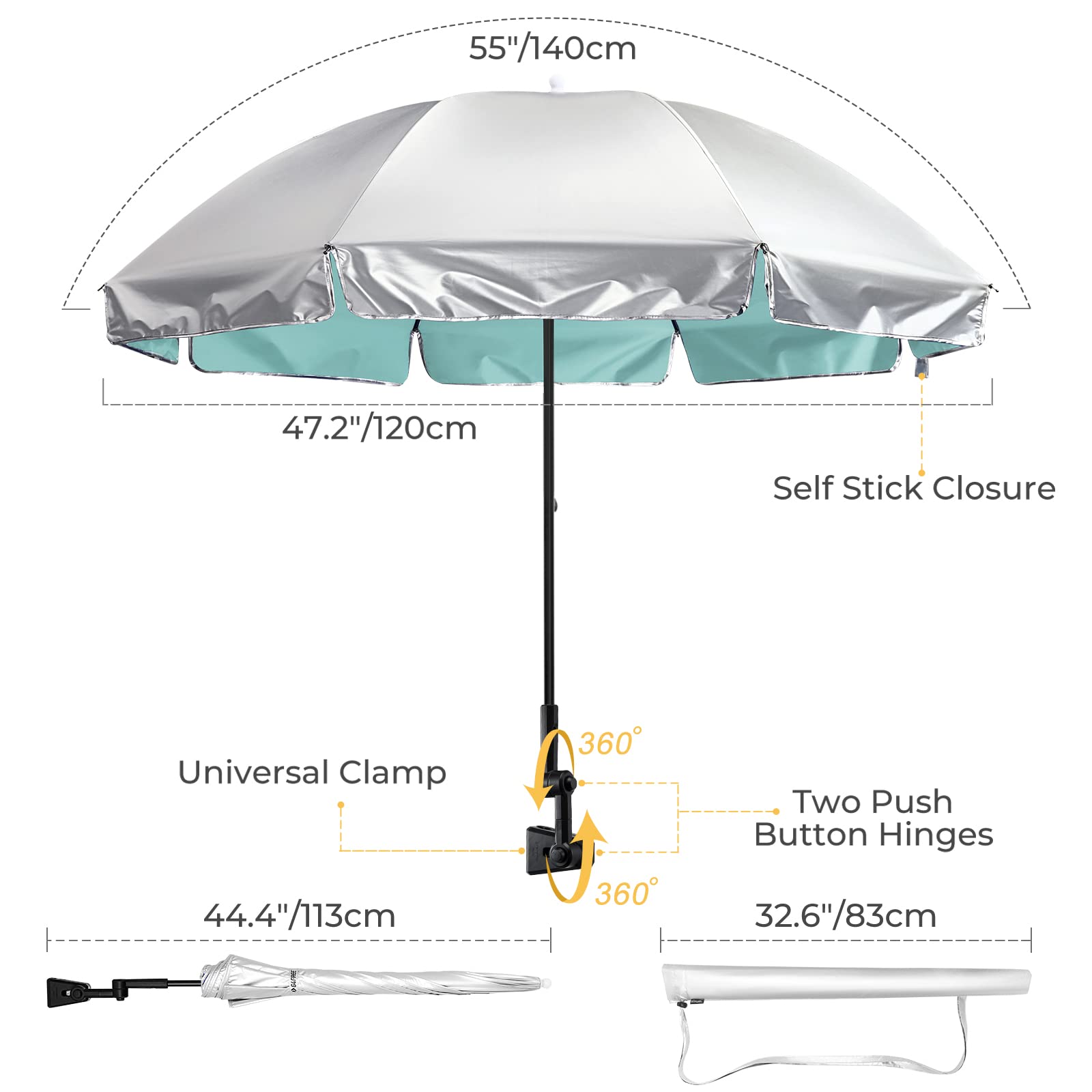 G4Free UPF 50+ Universal Clamp-On Adjustable Sun Shade Umbrella - UV Protection for Beach Chairs, Strollers, Wheelchairs, Patio Chairs & Golf Carts - Perfect for Outdoor, Travel & Leisure Activities