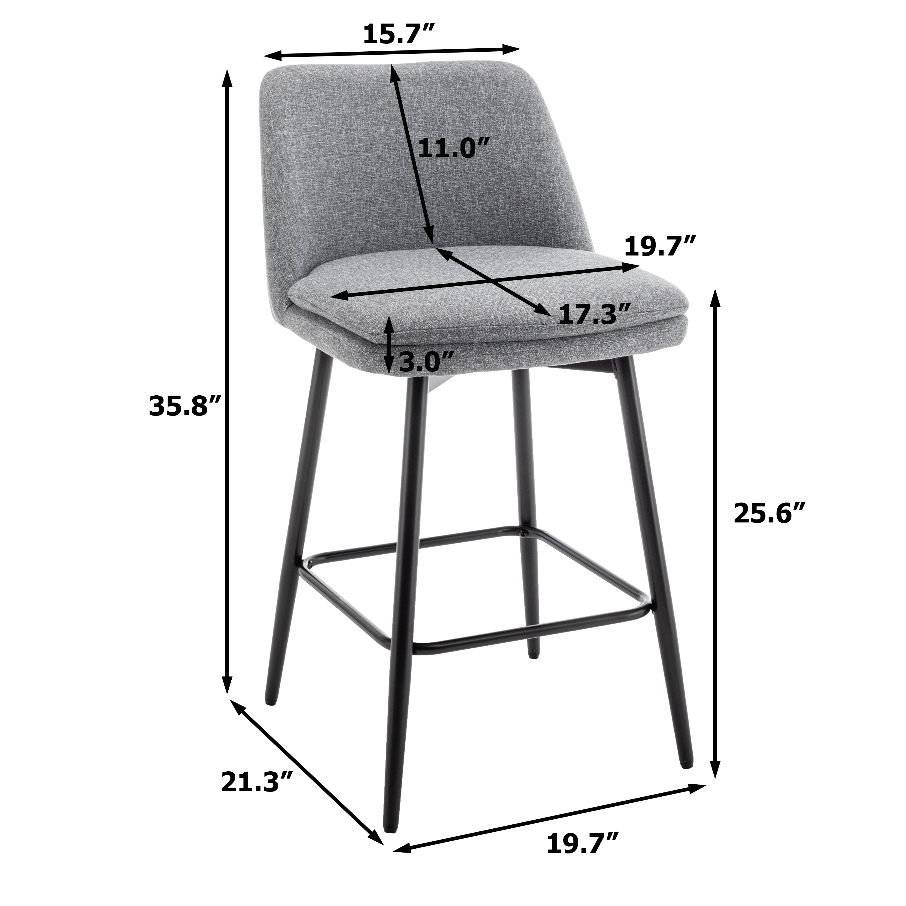 360° Swivel Counter Height Bar Stools Set of 2 - Upholstered with Back Support & Sturdy Metal Legs, 25.6