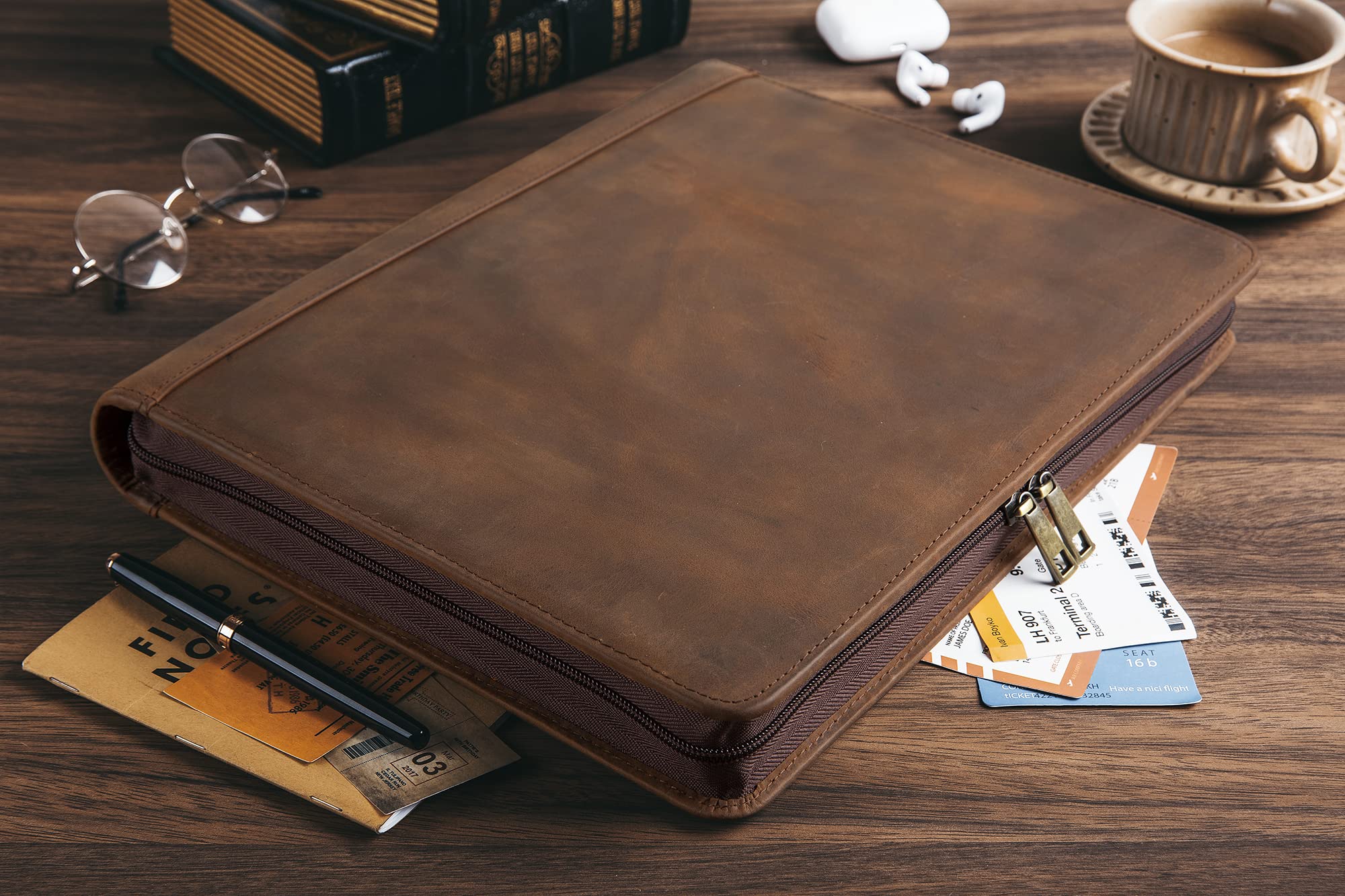 Premium Leather Portfolio Binder - 3 Ring Organizer with Zipper for iPad & Laptop | Professional Padfolio for Men | Business Document Holder | Perfect for Office, Meetings & Job Interviews (Dark Khaki)