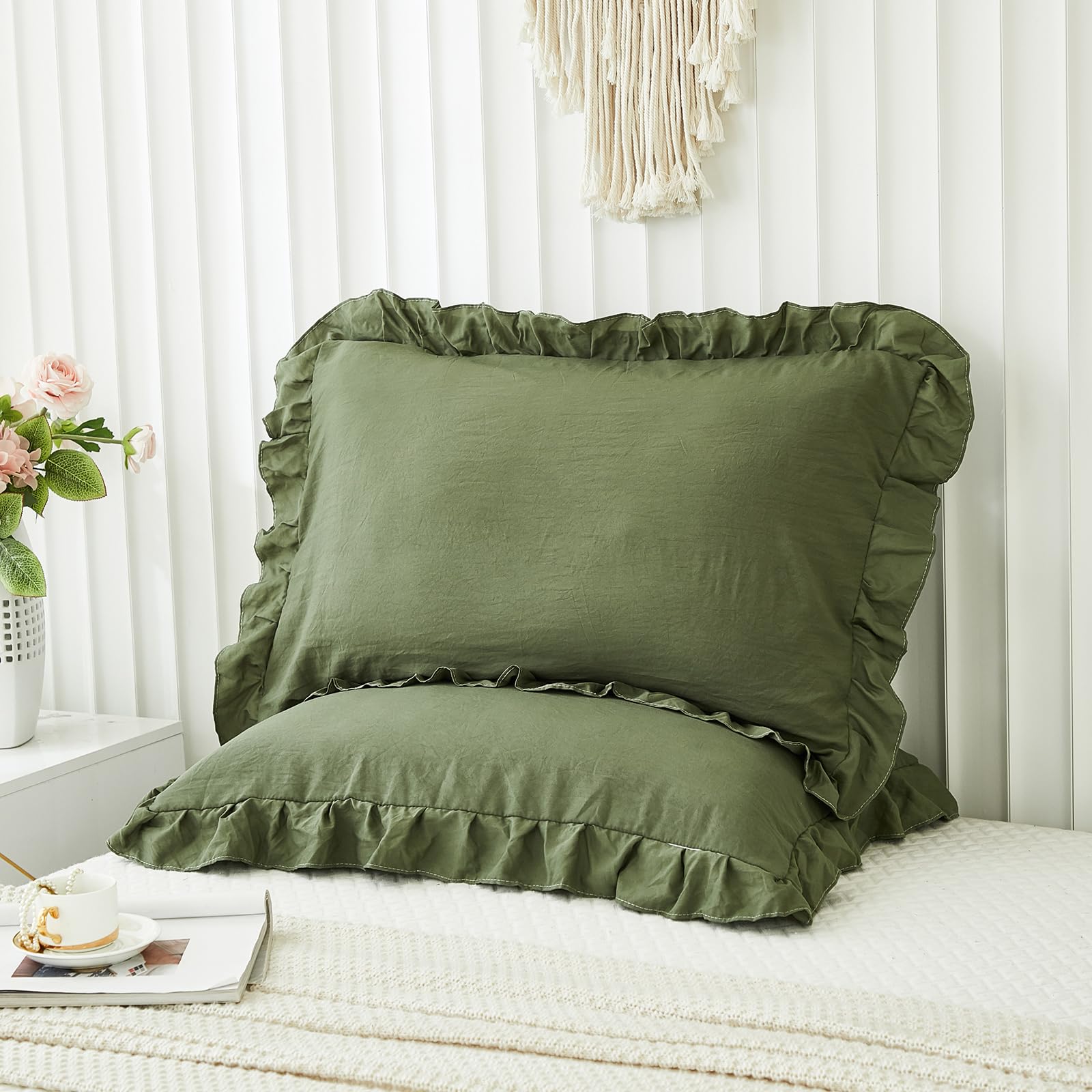 Olive Green Ruffled Pillow Shams Set of 2 - King Size 20x36 Inches - Shabby Chic Decorative Pillowcases with Fringe Design for Bedroom, Living Room, Sofa & Home Decor