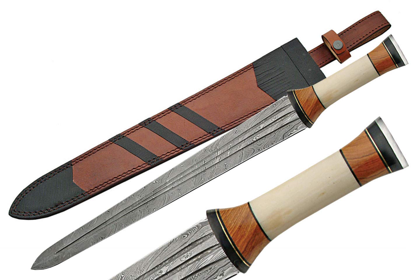 Damascus Steel Sword with Bone Handle - Handcrafted Black Blade for Collectors, Cosplay, and Medieval Reenactment