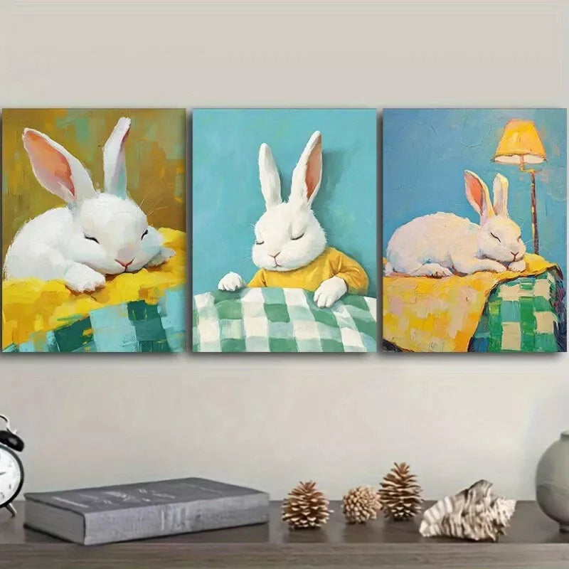 3-Piece Rabbit Table Wall Art Set - Framed Canvas 40x60cm - High Quality Print - 100% Australian Made - Ready to Hang - Perfect for Living Room, Bedroom & Office Decor