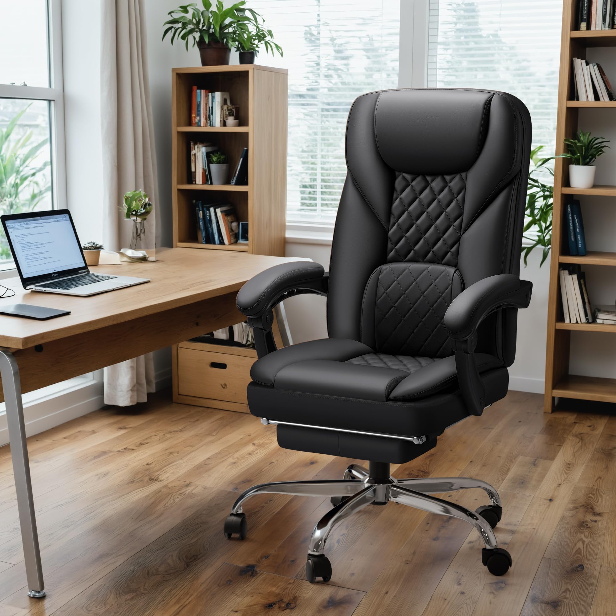 Furmax Ergonomic High Back Office Chair with Footrest - 400lbs Weight Capacity, 90-155° Reclining Leather Executive Desk Chair, Swivel Task Chair with Wheels (Black) - Perfect for Home Office, Gaming & Computer Workstations