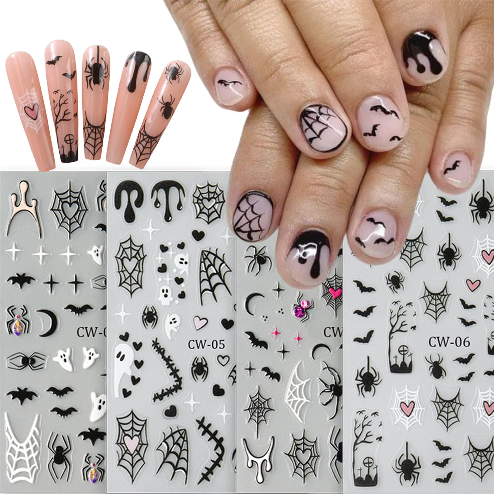 8 Sheets Halloween Nail Art Stickers - Self-Adhesive Gothic Nail Decals with Cute Ghost, Heart & Spider Web Designs - Nail Supplies for Women & Girls - Perfect for Manicure, Acrylic Nails & Halloween Party Nail Decorations