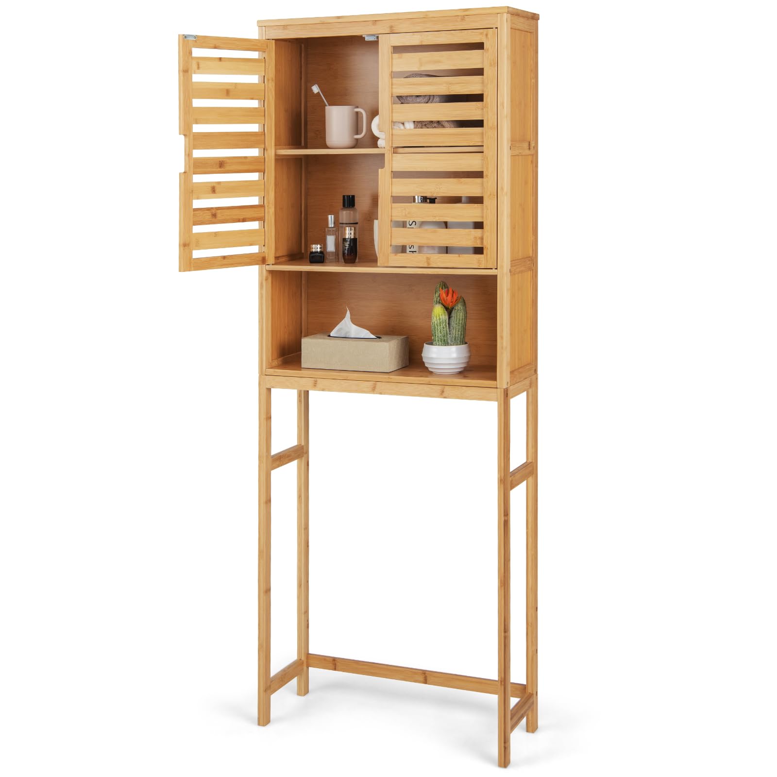 Giantex Over The Toilet Storage Cabinet - Bamboo Freestanding Bathroom Organizer with Shelves & Louver Doors | Anti-Tipping Design, Bottom Crossbar for Stability | Space Saving Toilet Rack for Towels, Toiletries & Bathroom Essentials | Perfect for Small Bathrooms, Apartments & Powder Rooms