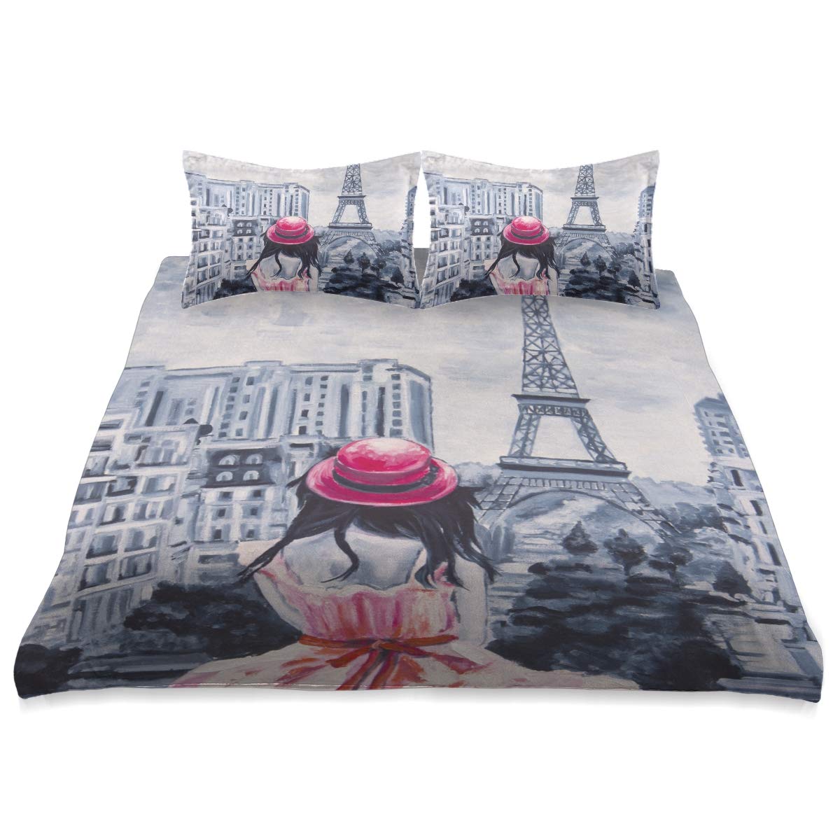 Romantic Paris Girl Art Oil Painting Queen Size Comforter Set - 90x90 Inch All Season Soft & Comfortable Bedding Cover | Perfect for Master Bedroom, Guest Room & Dorm Decor
