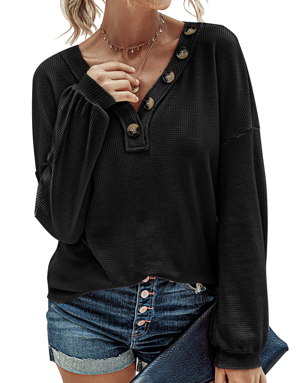 BTFBM Women's Long Sleeve V-Neck Blouse - 2025 Fall Fashion Loose Casual Pullover Top with Decorative Buttons & Lightweight Waffle Knit Fabric | Perfect for Office Wear, Autumn Layering and Weekend Outfits