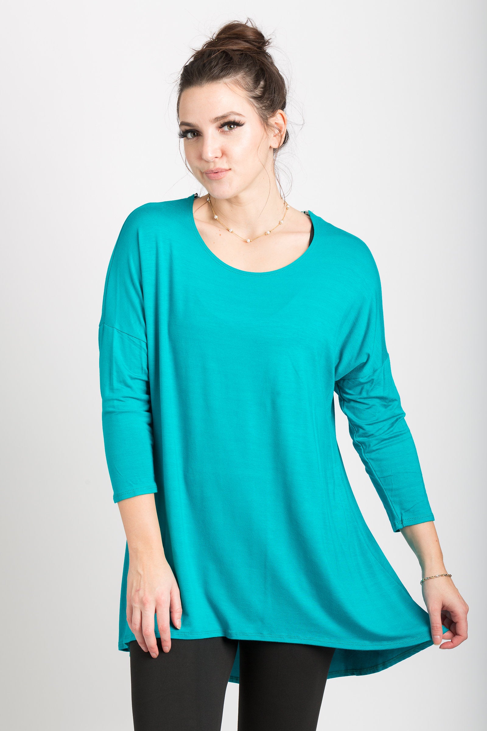 Stylish 3/4 Sleeve High-Low Drop Shoulder Tunic Top for Women | Flattering Asymmetrical Hem | Perfect for Casual Outings, Office Wear & Date Nights