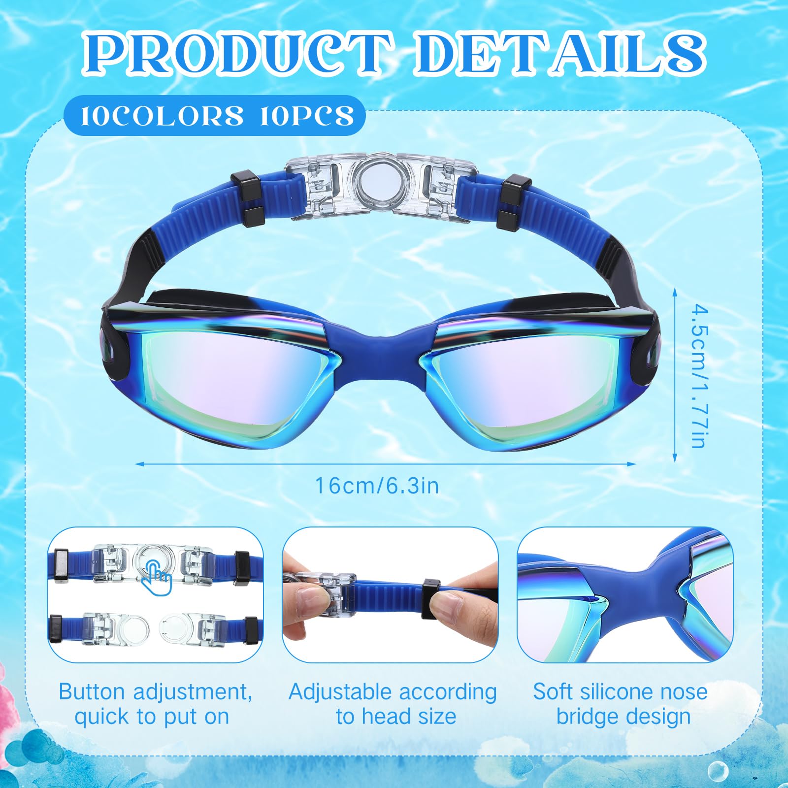 Anti Fog Swim Goggles 10 Pack - No Leaking Waterproof Swimming Goggles for Men, Women & Kids - Comfortable Silicone Swim Glasses for Pool, Beach & Competitive Swimming