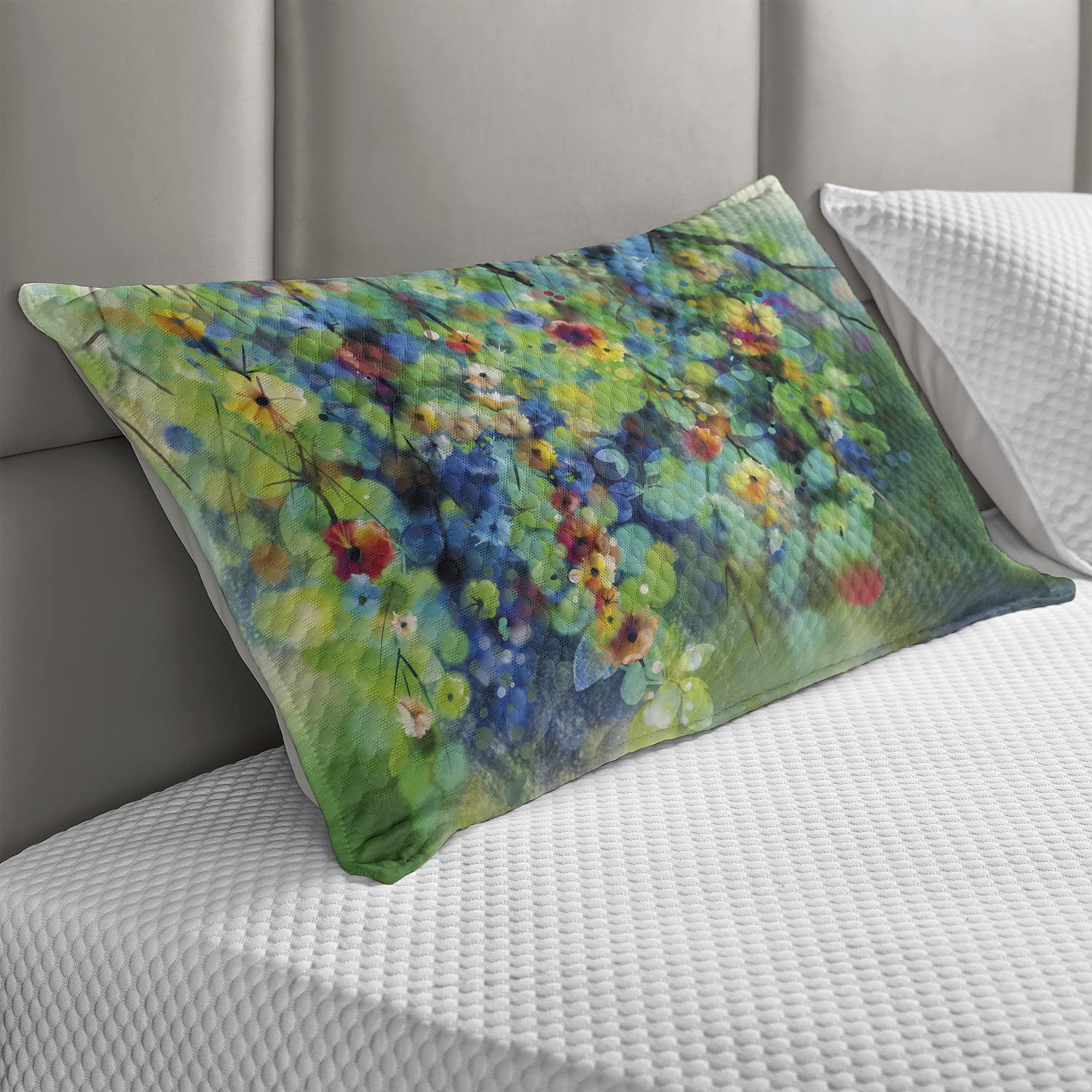 Ambesonne Floral Quilted Pillow Cover - Vibrant Spring Flower Design, King Size 36x20 Inches, Blue & Green - Perfect for Bedroom Decor, Sofa Accent & Seasonal Home Styling