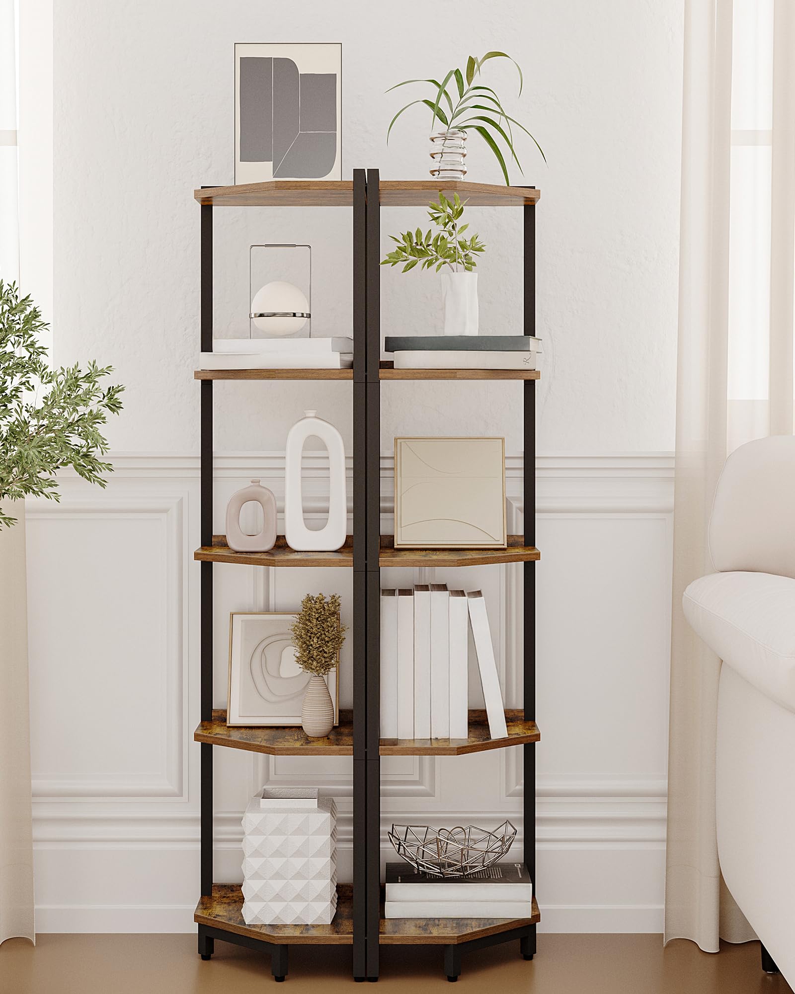 5-Tier Rustic Brown Corner Shelf Stand - Metal Frame Storage Bookshelf for Living Room, Home Office & Bedroom | Ideal for Plants, Books & Home Decor Organization