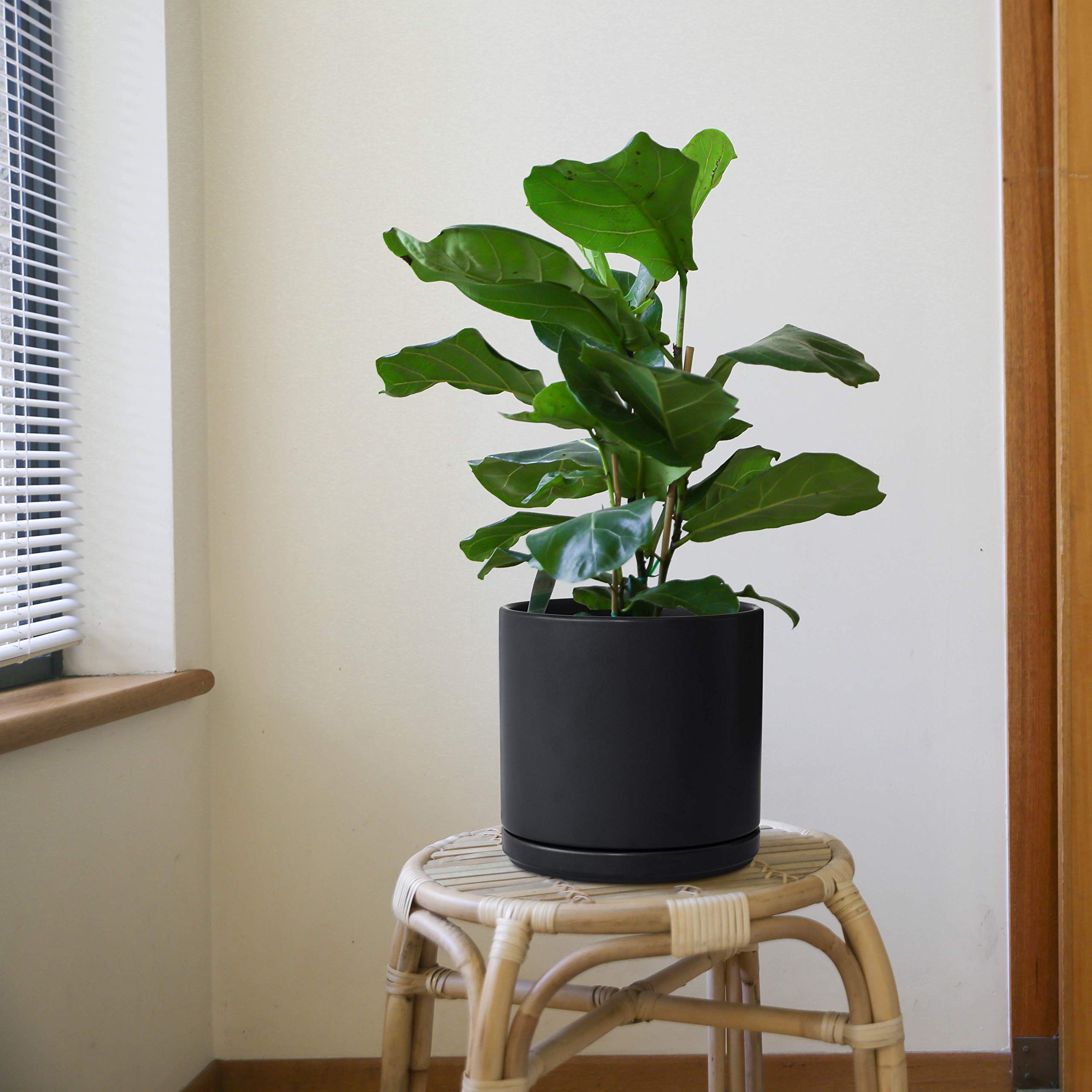 D'vine Dev 10 Inch Ceramic Flower Pot with Drainage Hole & Saucer - Modern Round Indoor Plant Pot for Home Decor, Office, Living Room - Black (94-O-E-2)