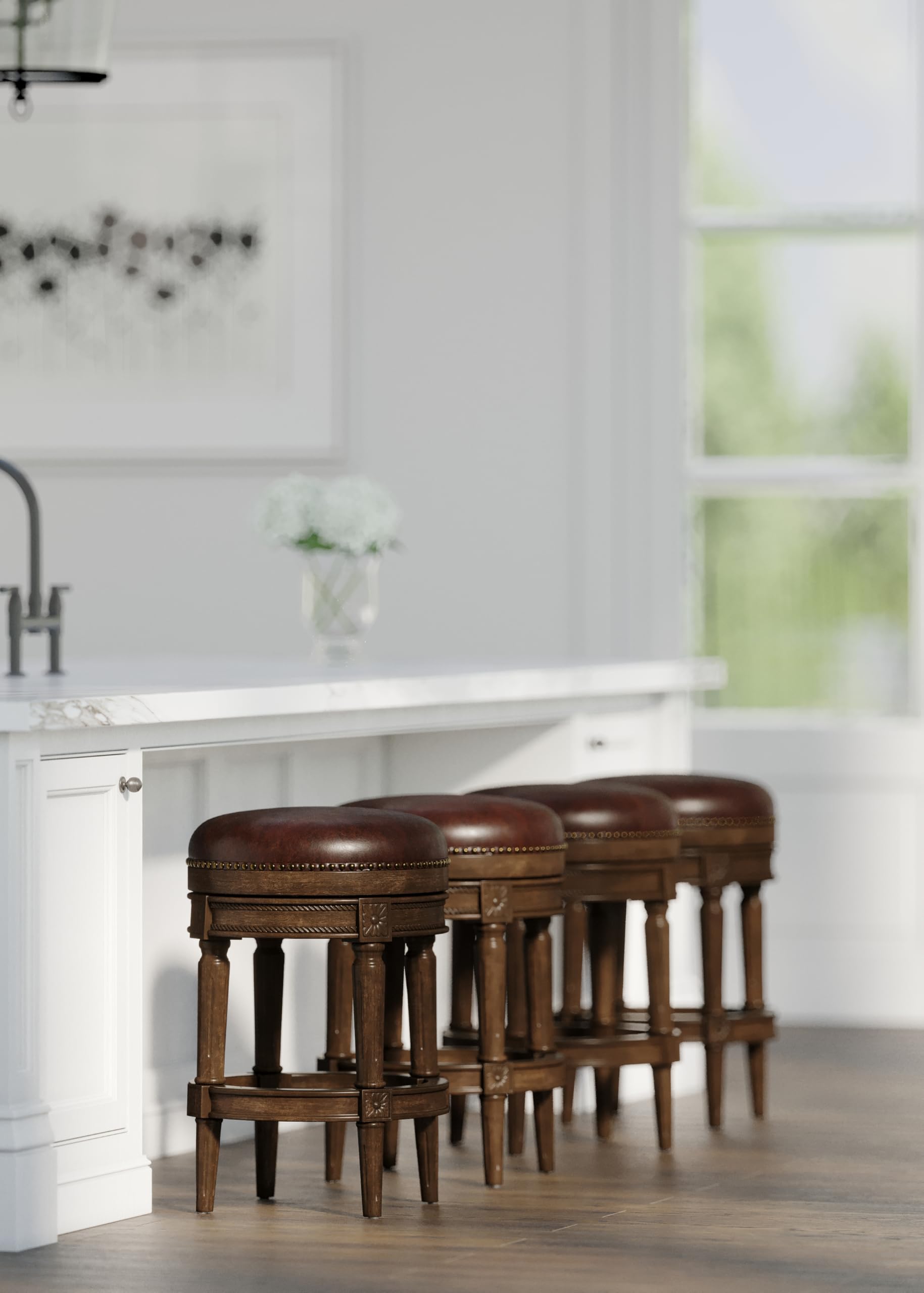 26 Inch Counter Height Bar Stool - Dark Walnut Finish with Vegan Leather Seat | Backless Upholstered Barstool for Kitchen Island, Breakfast Nook & Home Bar | Modern Tall Stools for Dining & Entertaining