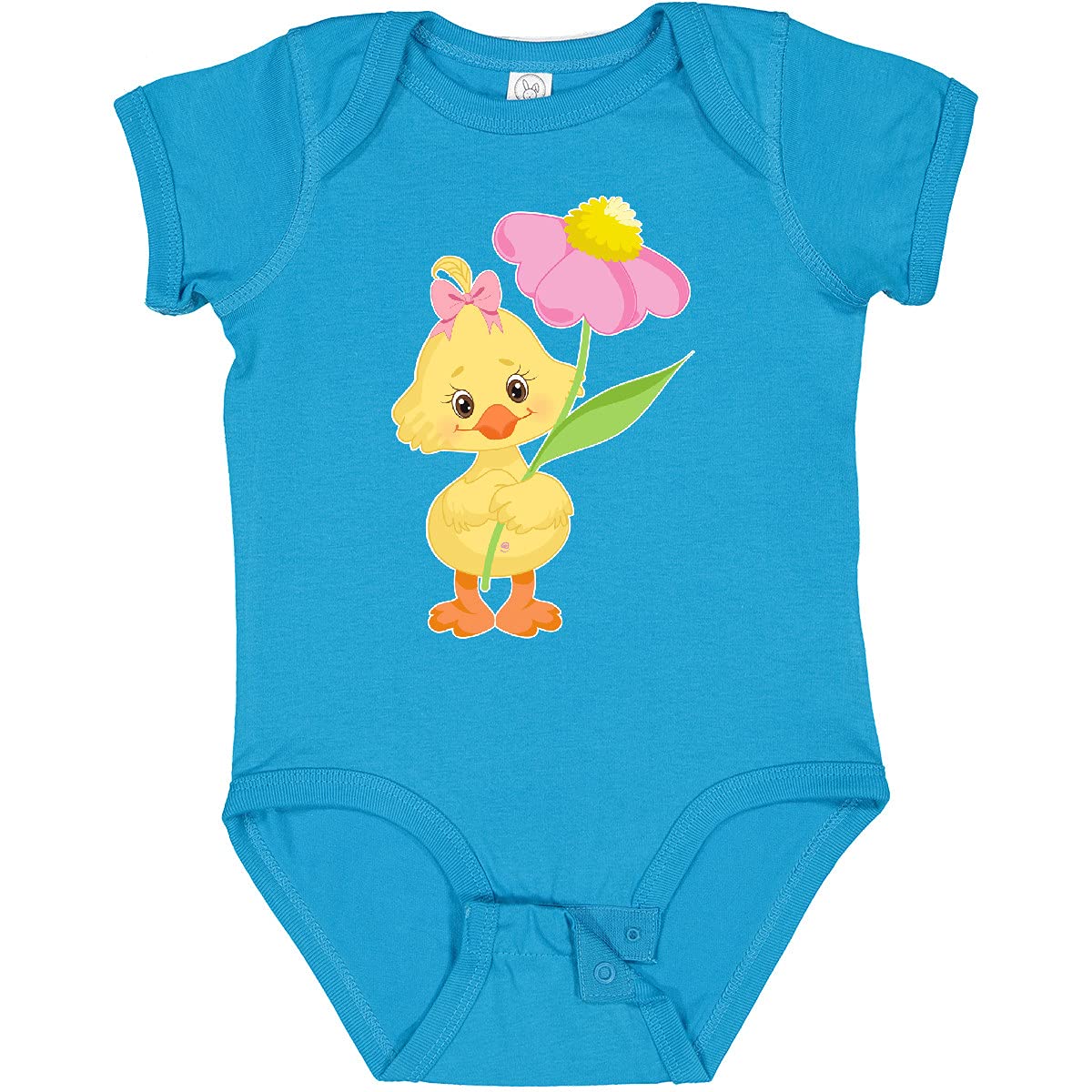 Inktastic Cute Easter Chick with Pink Flower Baby Bodysuit - Soft Cotton Infant Onesie for Easter Photos, Spring Outfits & Holiday Celebrations