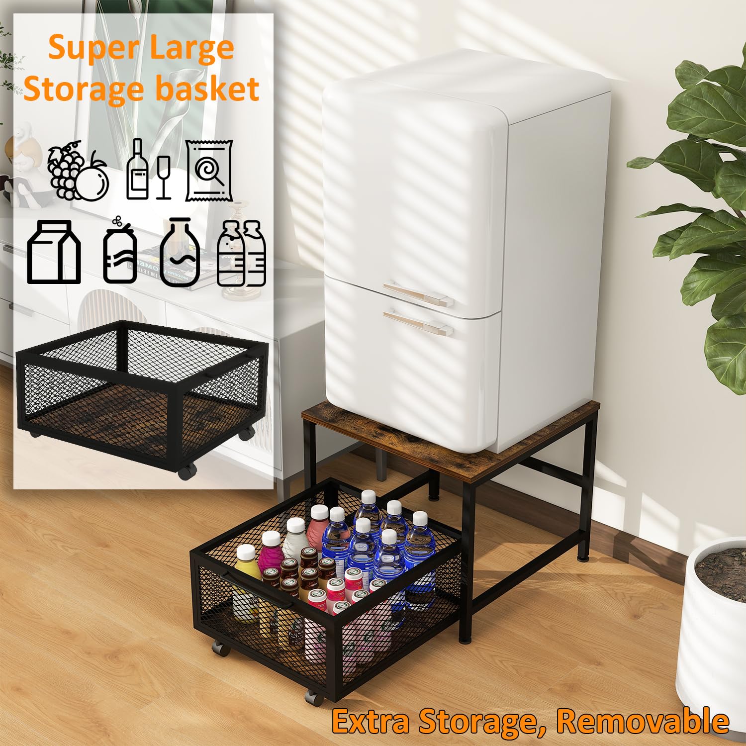 Mini Fridge Stand with Storage - Rolling Cabinet Cart with Wheels, Heavy Duty Refrigerator Table Shelf for Dorm, Home & Office | Perfect for Small Spaces, Bedrooms & Retro Decor