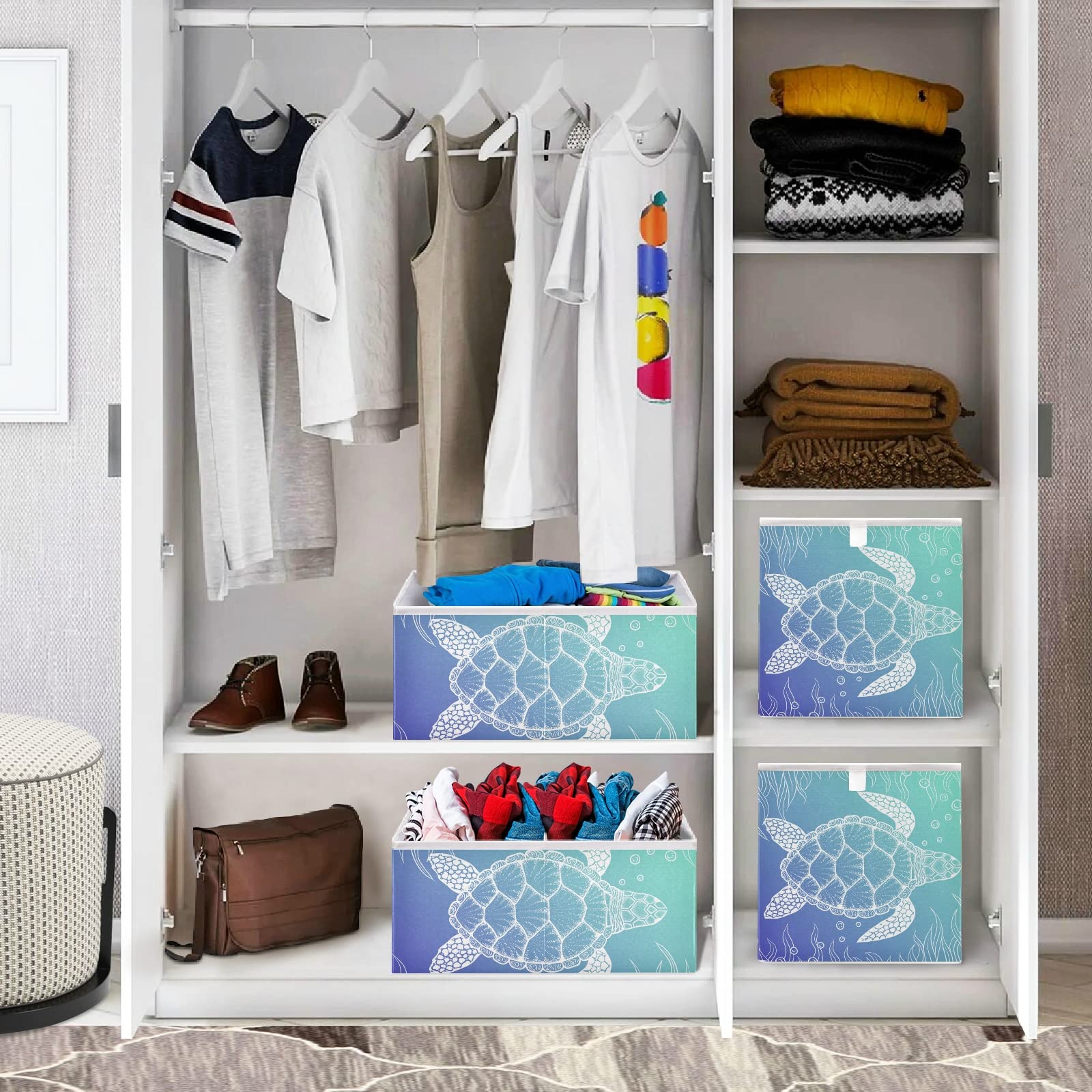 Collapsible Turtle Sea Storage Basket - Square Toy Bin & Towel Organizer for Home, Kitchen, Office | Perfect for Kids' Room, Bathroom & Closet Organization