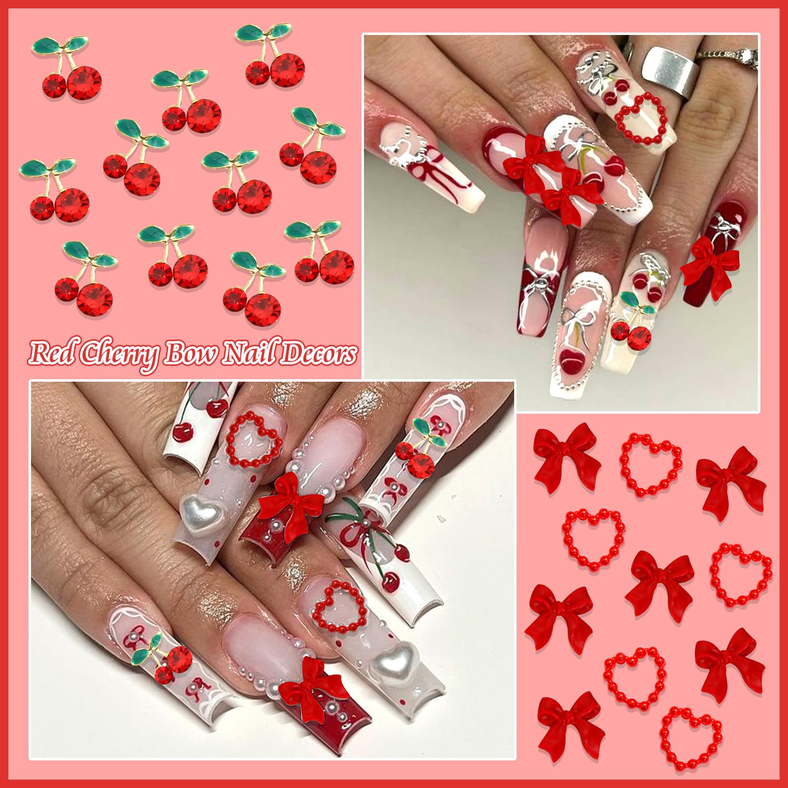 BELICEY 120Pcs Red Acrylic Bow & Heart Flatback Nail Charms - Alloy Cherry Nail Decorations with Rhinestones for DIY Manicure & Nail Art - Perfect for Women's Nail Design, Party Nails, and Professional Salon Use