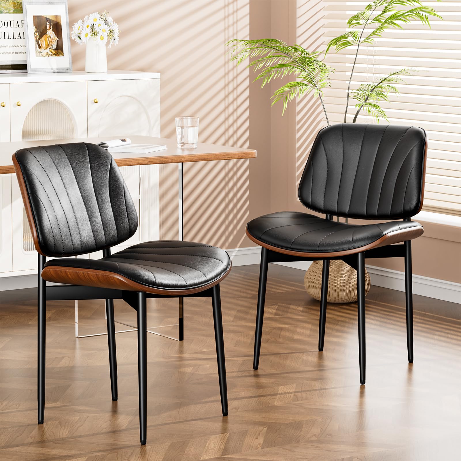 Set of 2 Mid Century Modern Dining Chairs - FSC Certified PU Leather Upholstered Accent Chairs with Walnut Bentwood & Metal Legs for Kitchen, Dining Room & Vanity - Perfect for Home Decor & Small Spaces (Black)