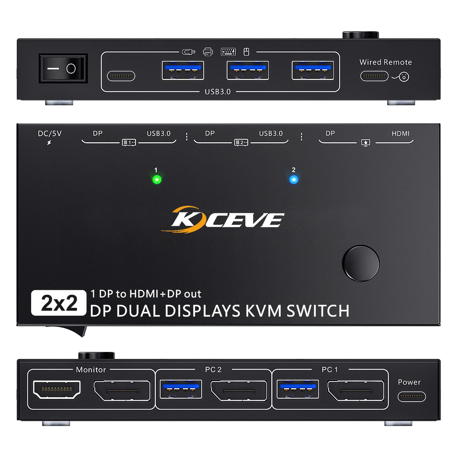 2-Port DisplayPort KVM Switch - Dual Monitor Support with Extend/Mirror Modes | HDMI & DP Output | Single DP Connection per PC | Perfect for Home Office & Multi-Computer Workstations