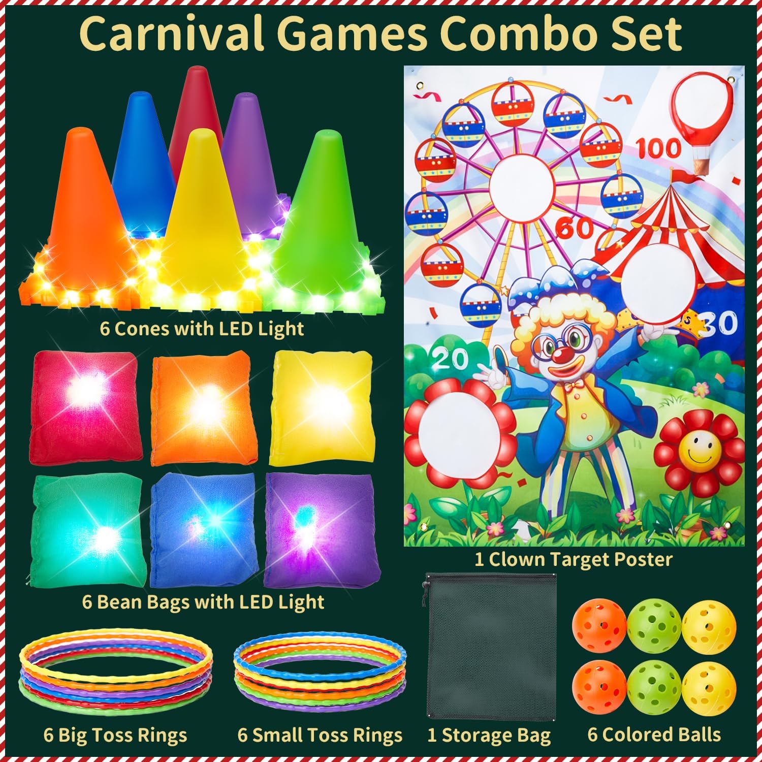 33PCS 5-in-1 LED Carnival Outdoor Games Set for Kids Ages 4-12 - Bean Bag Toss, Ring Toss & LED Cones - Fun Family Backyard Games for Birthday Parties, Picnics & Summer Outdoor Activities