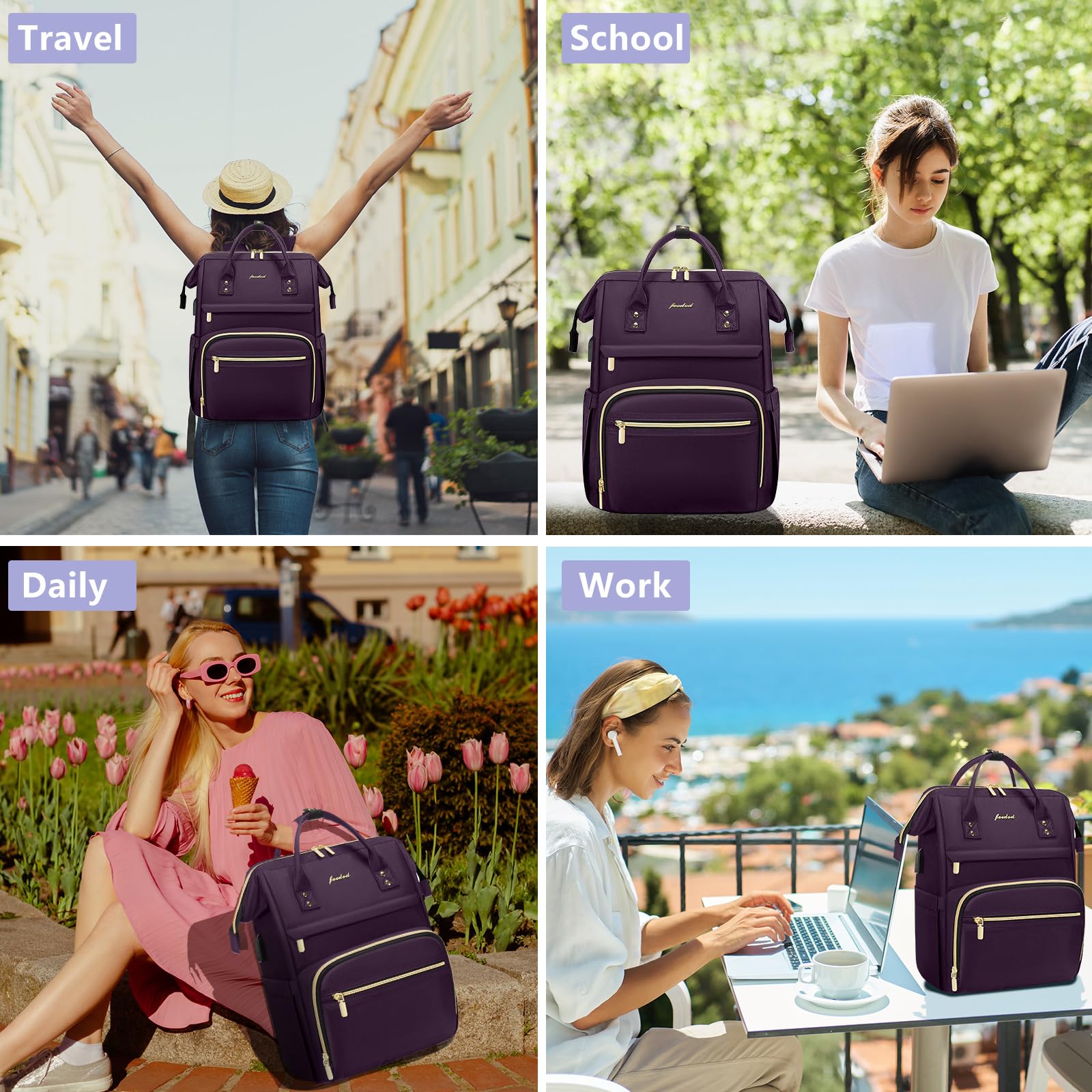 Stylish Dark Purple 15.6 Inch Waterproof Laptop Backpack for Women - Professional Work Bag with USB Port, Ideal for Travel, Nursing, Teaching, and Daily Commute