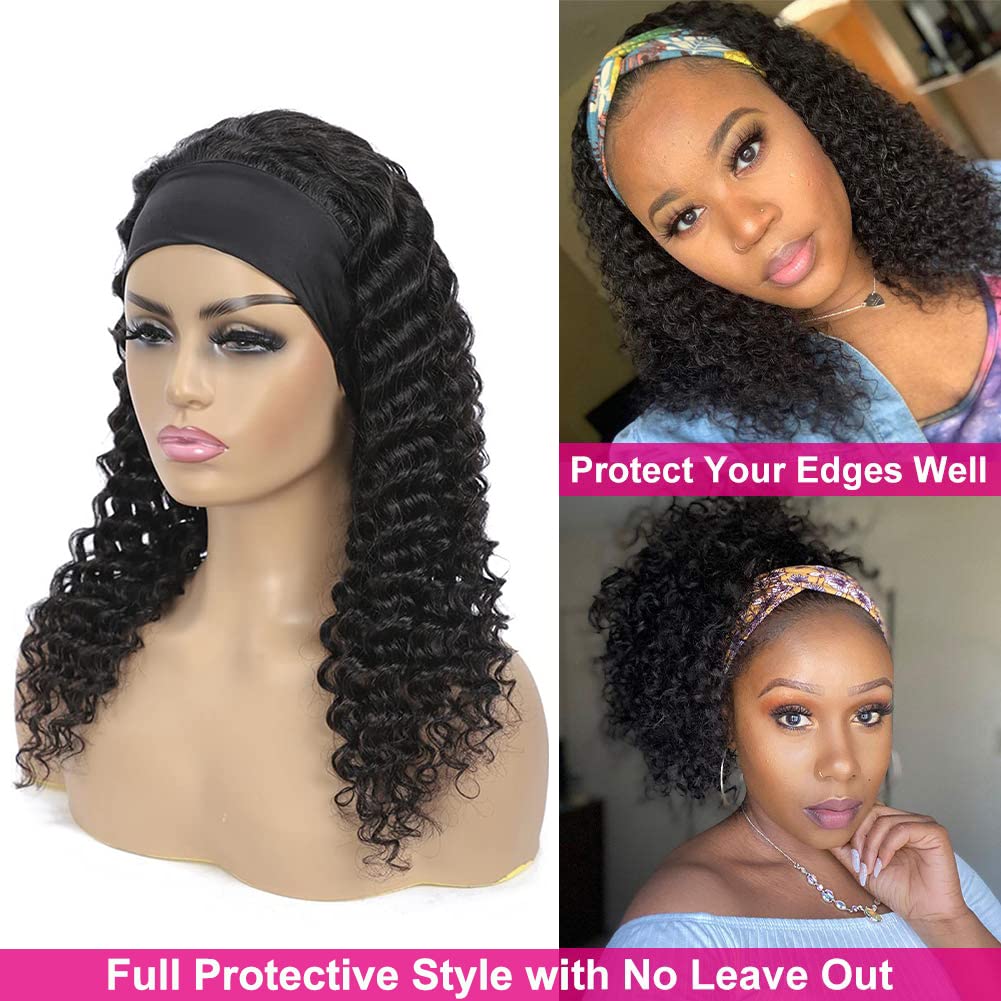 Headband Wig Curly Human Hair Wig - 180% Density Deep Wave Headband Wigs for Women | No Lace Front | Machine Made | Natural Color (14 Inch) | Perfect for Beginners, Daily Wear & Special Occasions