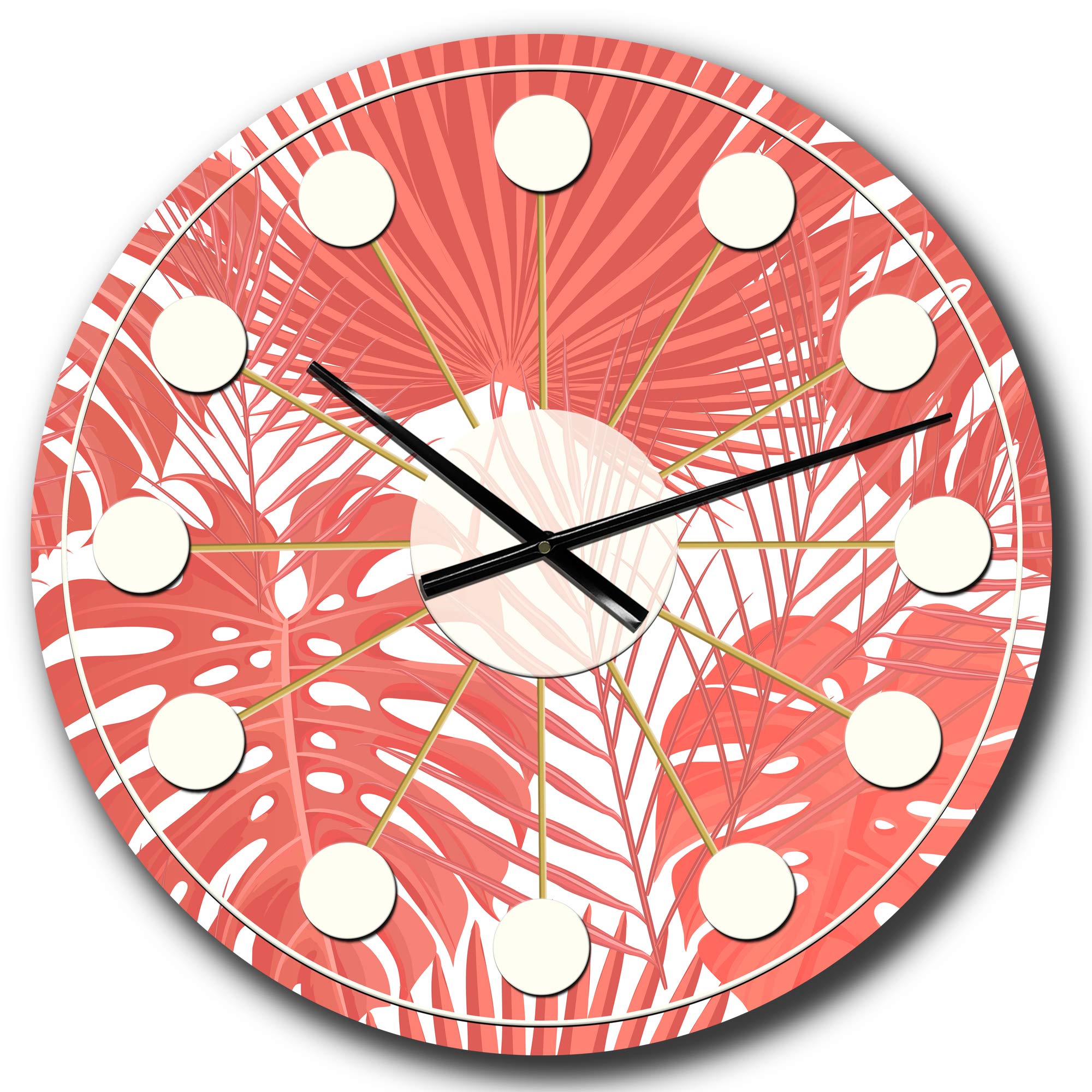 Designart Tropical Retro Foliage Coral I Mid-Century Modern Metal Wall Clock - Vintage Round Wall Art for Home, Living Room, Bedroom & Office Decor | Perfect for Boho, Coastal & Retro Interior Design Styles