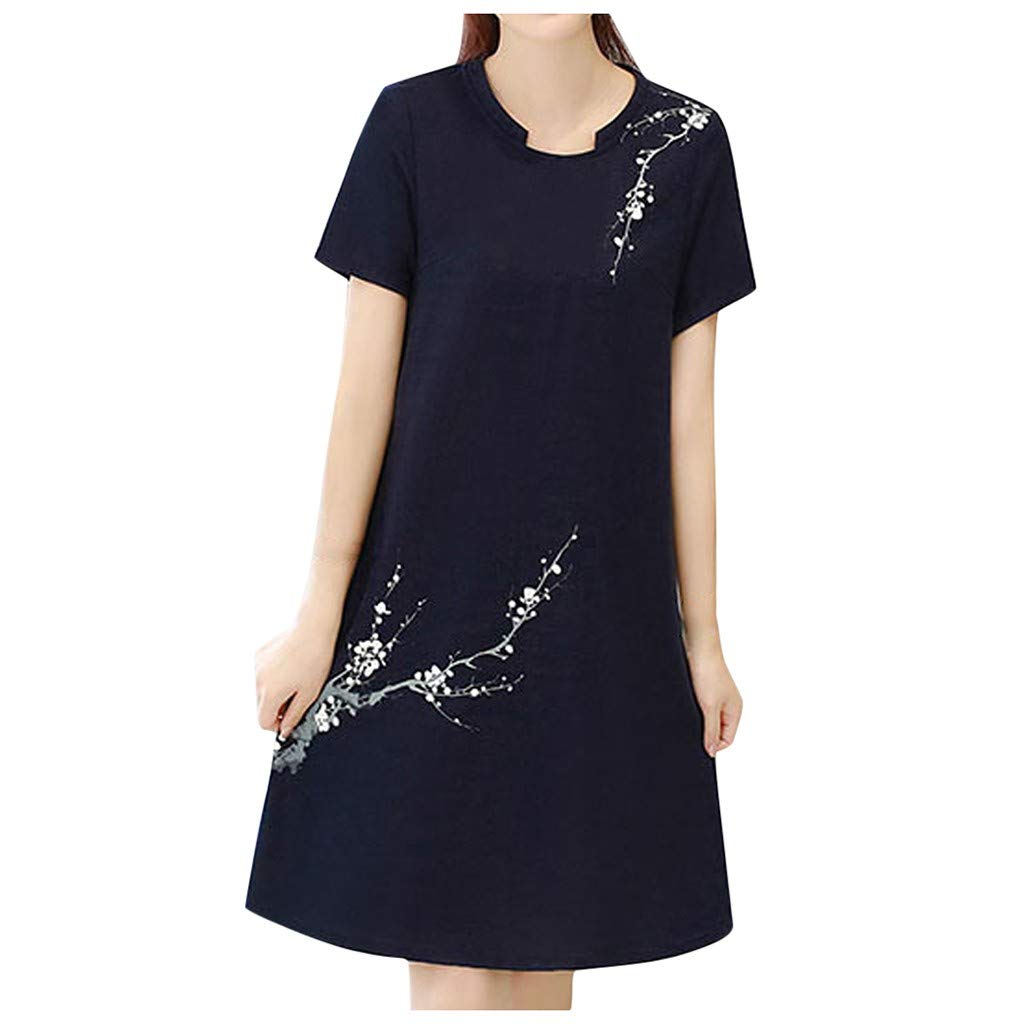 WOCACHI Women's Striped Floral Summer Dress - Short Sleeve Mid-Calf Business & Beach Dress | Perfect for Office Wear, Vacation, and Casual Outings