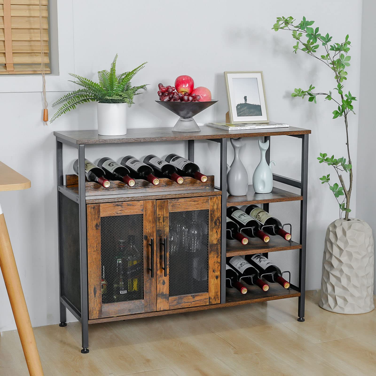 Rustic Brown X-cosrack Wine Bar Cabinet with Detachable Wine Rack & Glass Holder - Coffee Bar Sideboard with Mesh Door for Dining Room, Kitchen or Living Room Storage