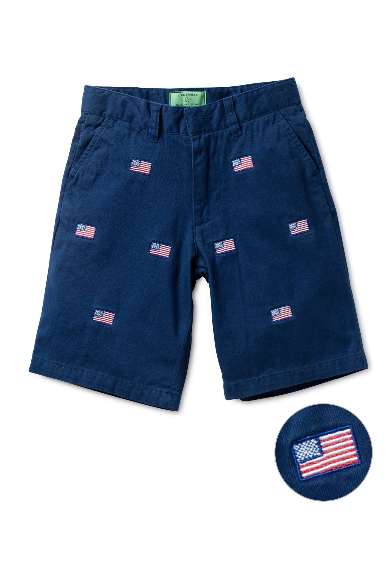 Jetties Stretch Twill Shorts for Men - Nantucket Navy with American Flag - Comfortable Casual Wear for Summer, Beach, and Outdoor Activities