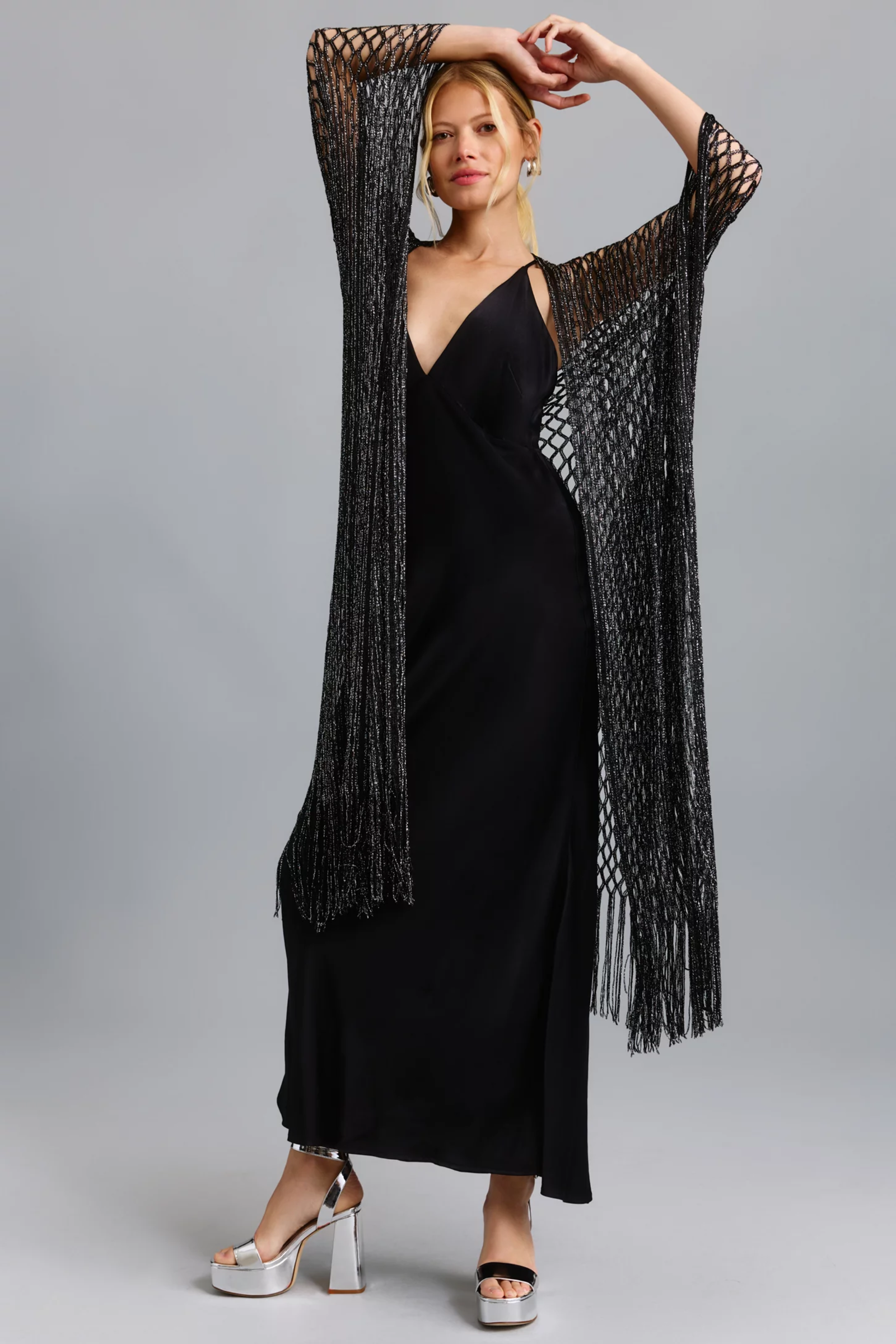 Stylish Metallic Fringe Kimono Jacket for Women - Boho Chic Cover Up - Perfect for Beach, Festival, and Evening Wear