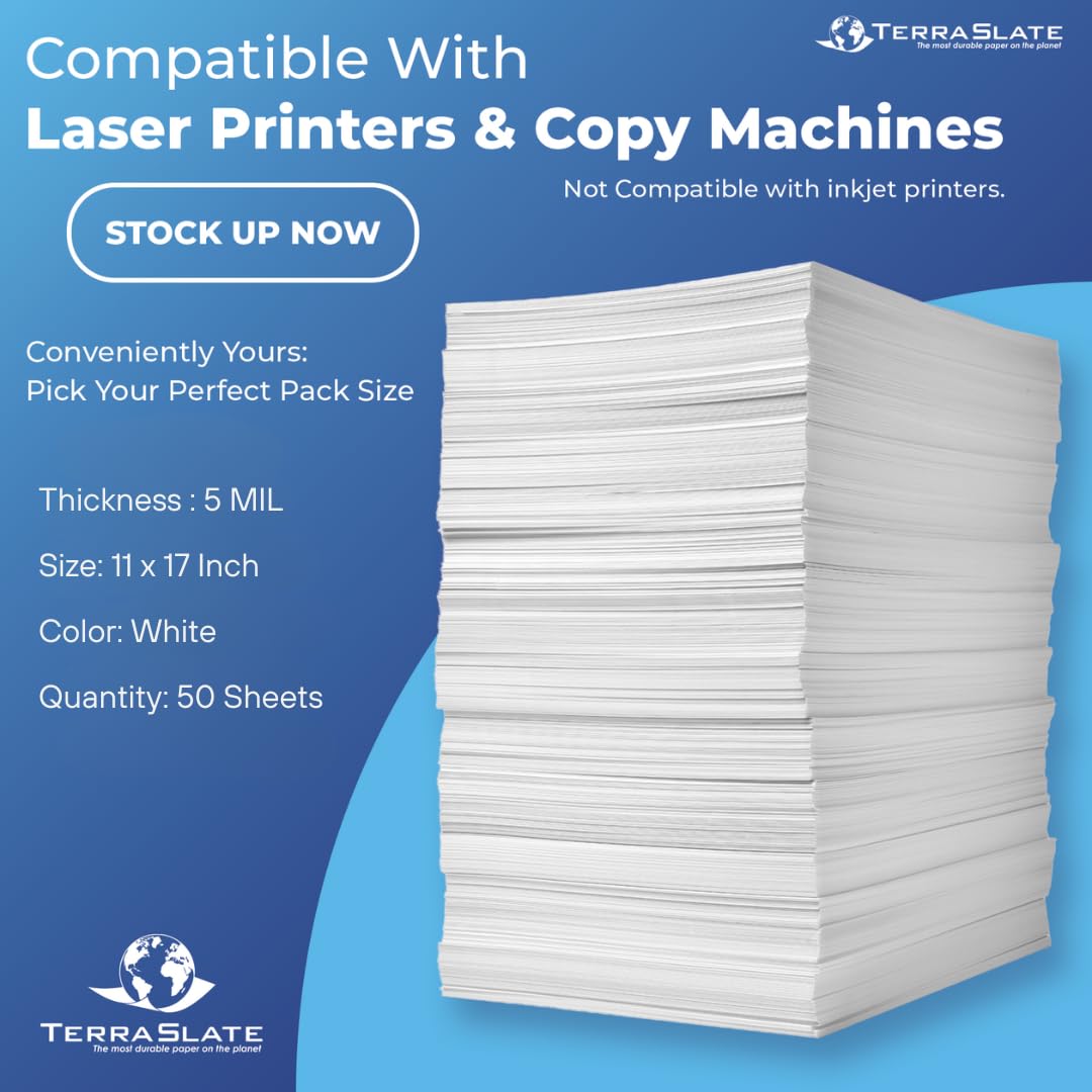 TerraSlate Waterproof and Rip-Proof Paper - 50 Sheets, 5 Mil (120lb Cover), 11” x 17” - Compatible with Laser Printers & Copy Machines - Ideal for Outdoor Maps, Construction Plans & Water-Resistant Documents
