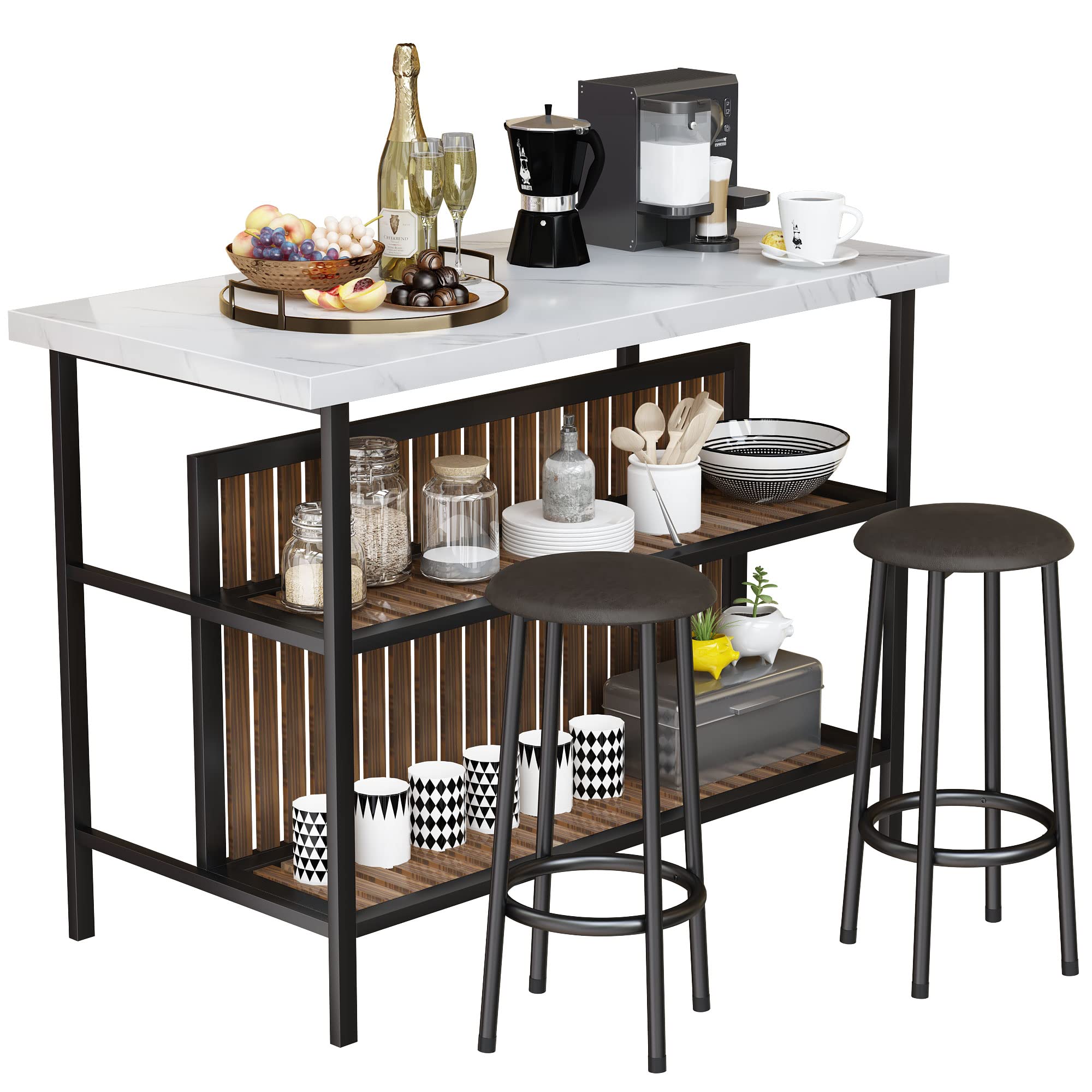 Modern White Kitchen Island with Stools & Storage - 3-Piece Dining Table Set for Small Spaces, Apartments & Home Bars | Perfect for Breakfast Nook, Entertaining Guests & Compact Kitchen Dining