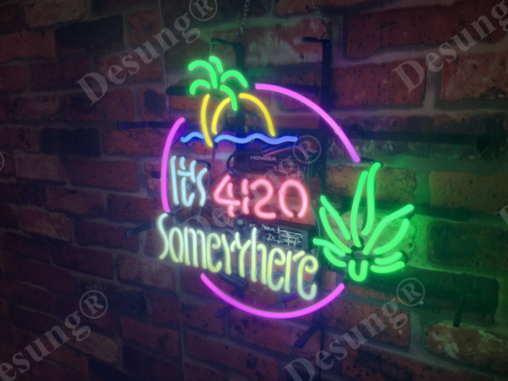 Desung 24x20 Inches 420 High Life Leaf Palm Tree Neon Sign - Durable Glass Neon Light for Man Cave, Sports Bar, Pub & Home Decor - Perfect for Parties, Game Nights & Relaxing Vibes