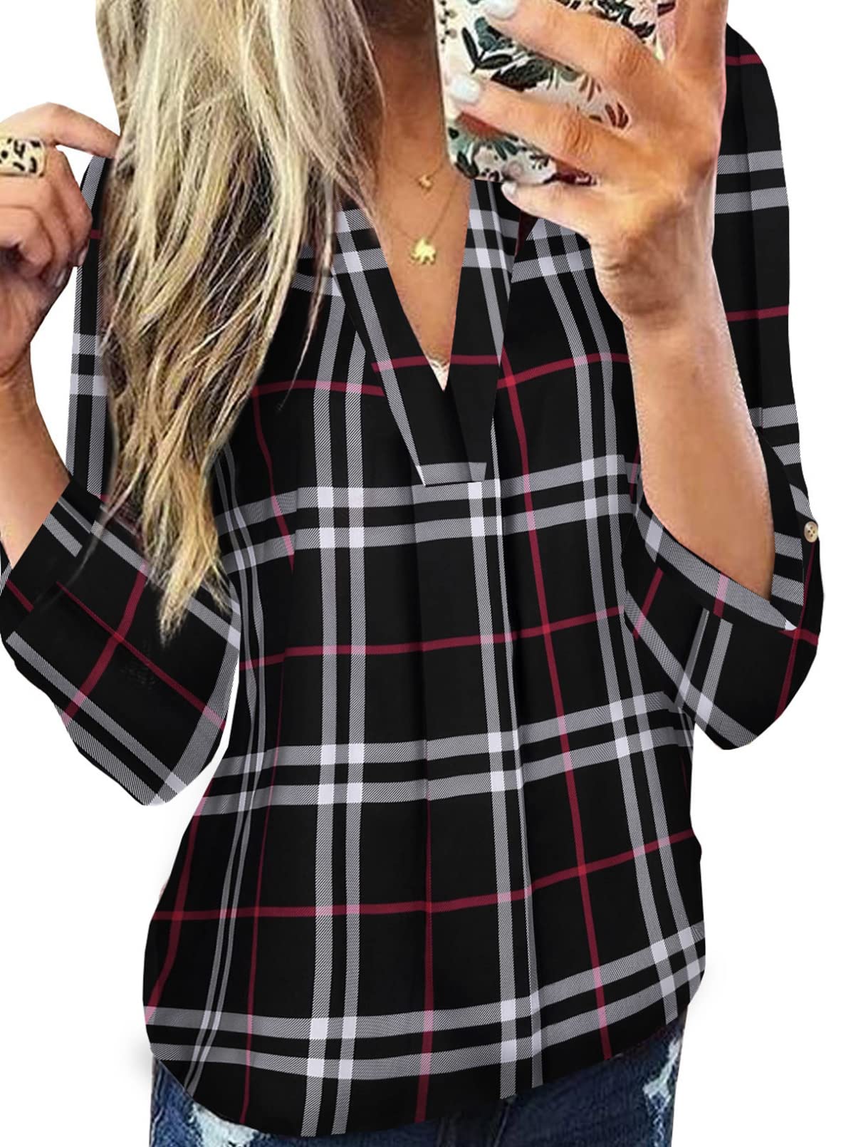 Dokotoo Women's Basic Casual V-Neck Plaid Print Long Sleeve Blouse - Cuffed Work Shirt for Office & Everyday Wear (Sizes S-3XL) | Perfect for Business Casual, Office Outfits & Fall Layering