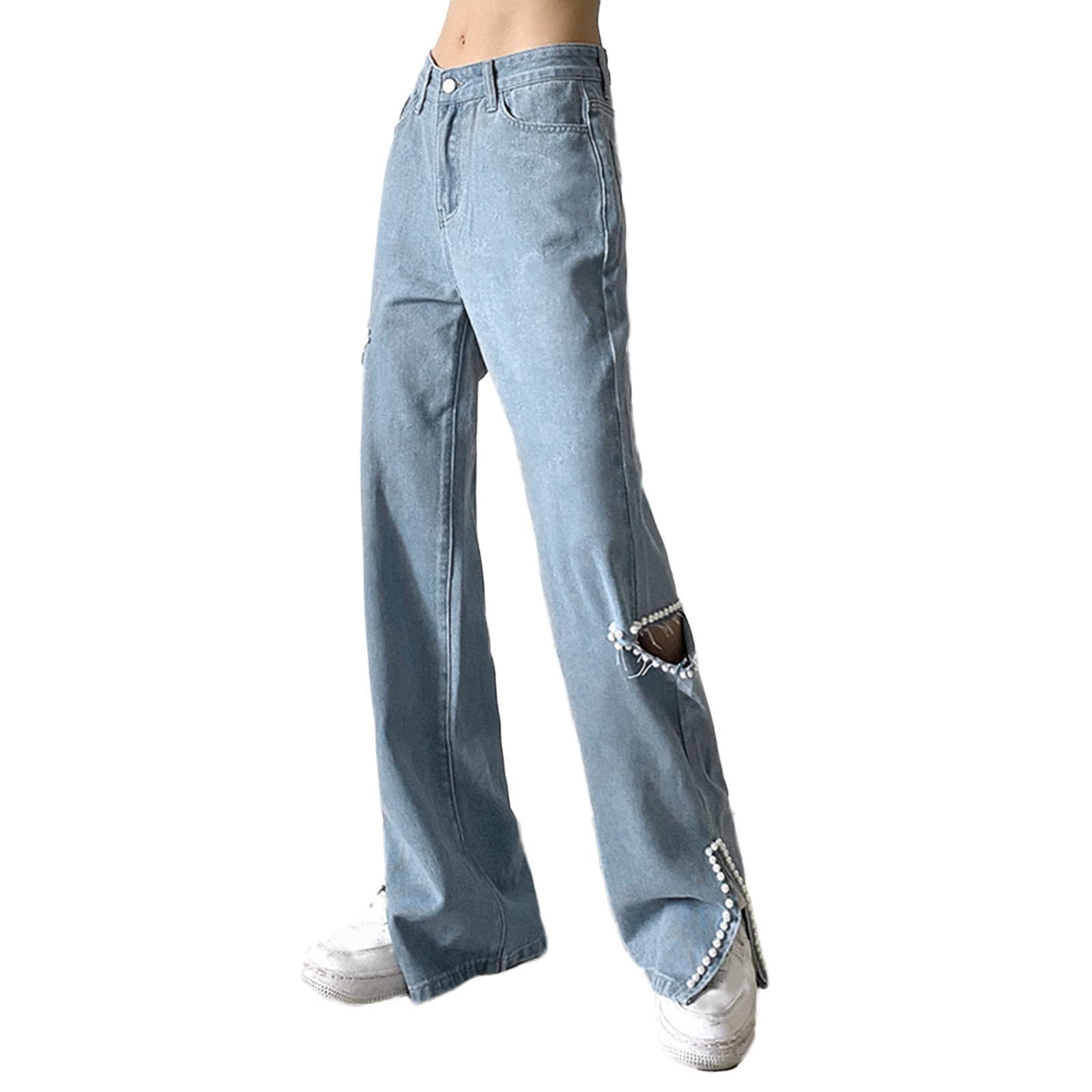Women's High Waisted Mom Jeans with Pockets - Loose Fit Denim Pants with Zip & Print Details - Casual Flare Jeans for Everyday Wear | Perfect for Street Style, Work & Weekend Outfits