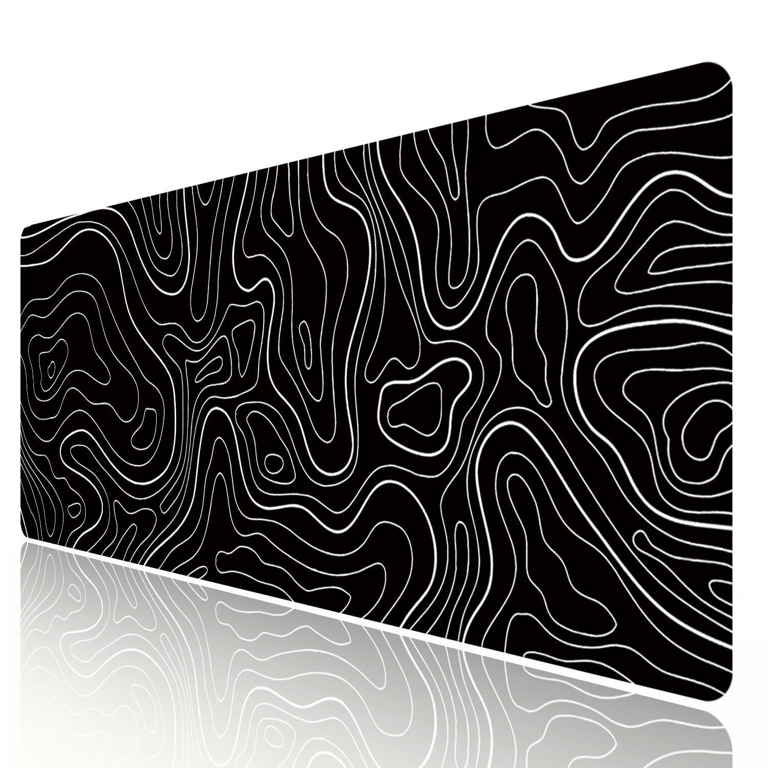 Large Gaming TOPO Keyboard Mouse Pad - Black & White Topographic Design with Anti-Slip Rubber Base - Extended XXL Desk Mat (31.5