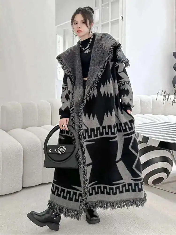 Black Oversized Knit Long Cardigan Sweater for Women - Loose Lapel Long Sleeve Chunky Knitwear - 2025 New Fashion Spring/Autumn Coat (Style 1DH2277) - Perfect for Layering, Office Wear & Casual Outfits