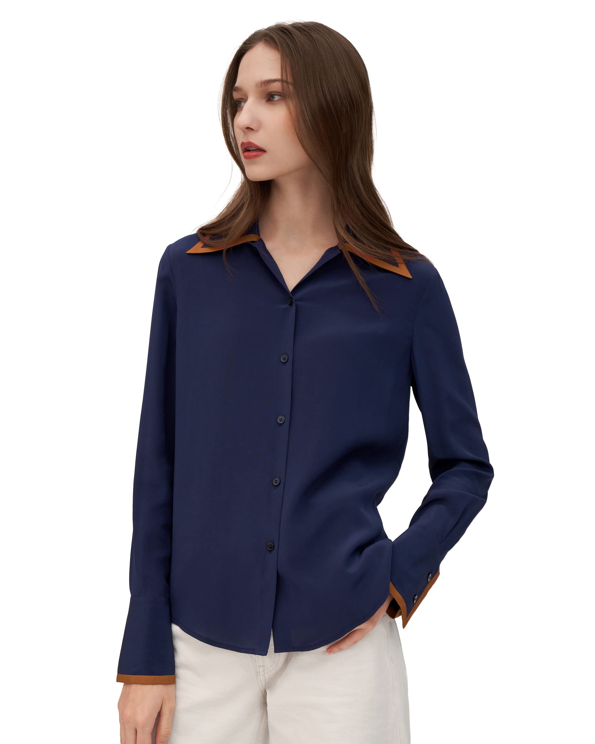Luxury LilySilk Silk Blouse for Women - Pure Mulberry Silk Shirt with Contrast Piping | Elegant Willow Print Tops for Office, Party & Special Occasions