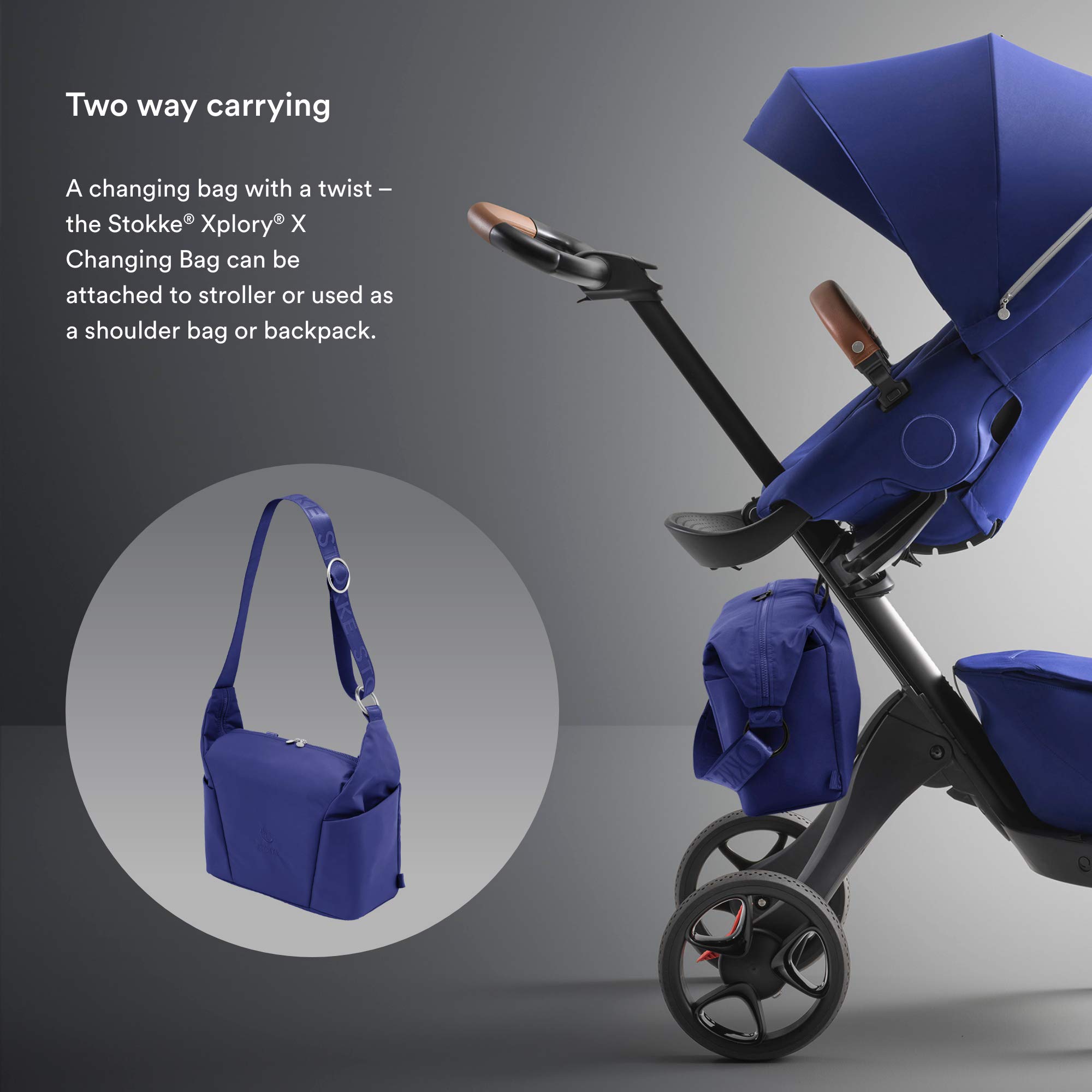 Stokke Xplory X Baby Changing Bag - Royal Blue Diaper Bag with UPF 50+, Water Repellent & Easy to Clean - Convertible Shoulder Bag or Backpack with Foldable Changing Mat - Perfect for Travel, Shopping & Outdoor Activities with Baby