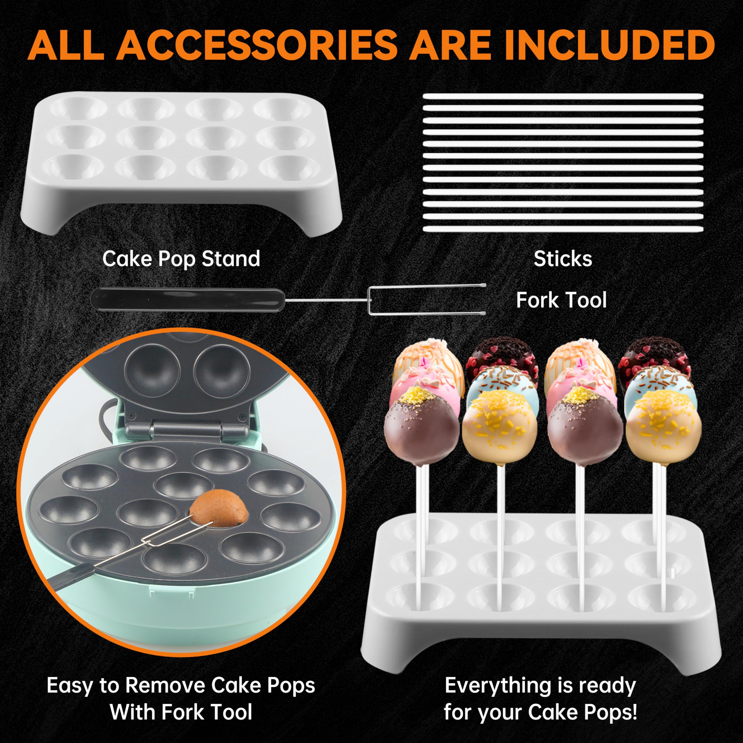 Baker's Friend Cake Pop Maker Machine Set - 12 Cake Pops Capacity with Stand, Sticks & Fork Tool, Aquamarine Blue - Perfect for Birthday Parties, Baby Showers & Holiday Baking Gifts