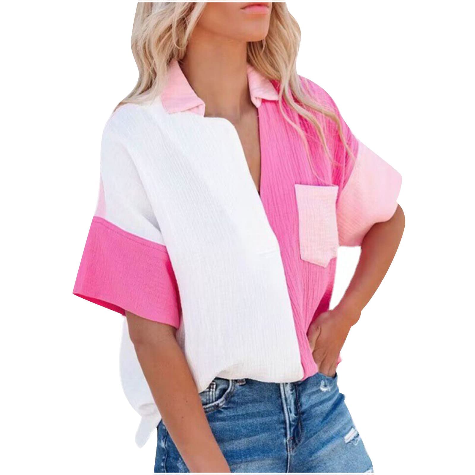 Women's Color Block Button Down Shirt - Long Sleeve Oversized Boyfriend Blouse for Casual Wear, Office & Date Night Outfits