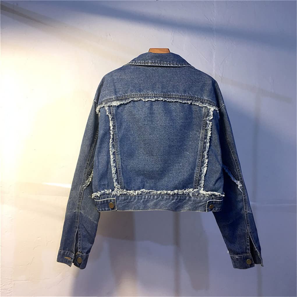 Women's Denim Jacket - Blue Distressed Boyfriend Style Long Sleeve Jean Coat for Fall | Casual Streetwear, Layering & Outdoor Activities